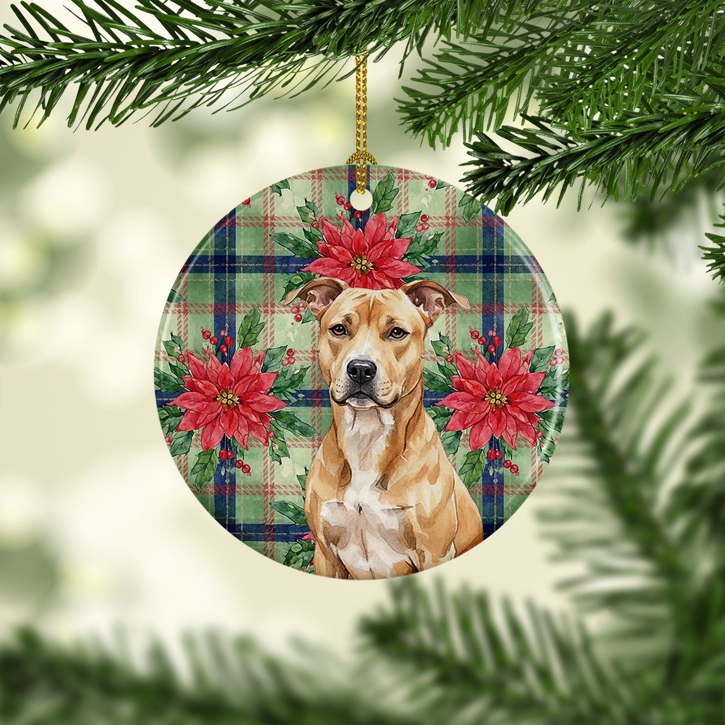 Fawn American Staffordshire Terrier Christmas PoinsettIas Ceramic Ornament