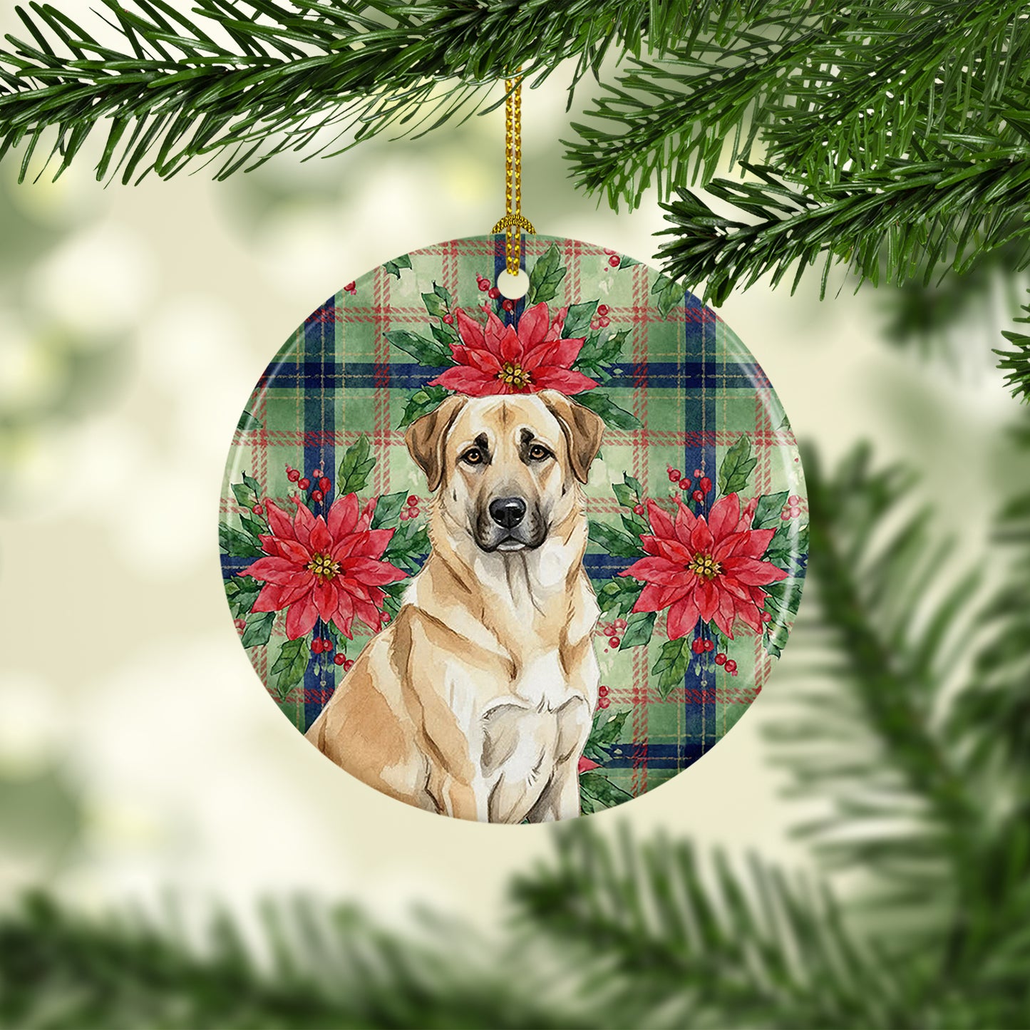 Anatolian Shepherd Dog Christmas PoinsettIas Ceramic Ornament