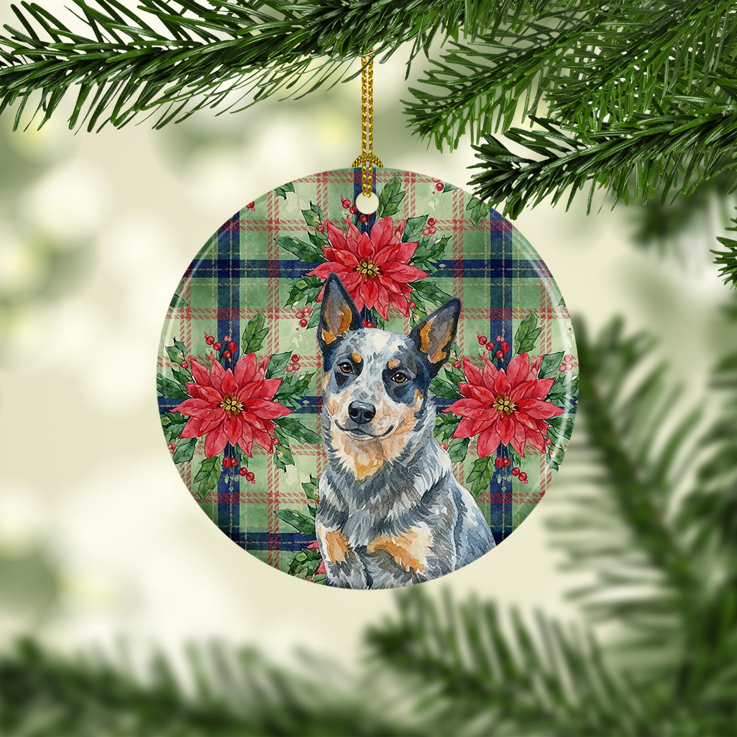 Blue Heeler Australian Cattle Dog Christmas PoinsettIas Ceramic Ornament