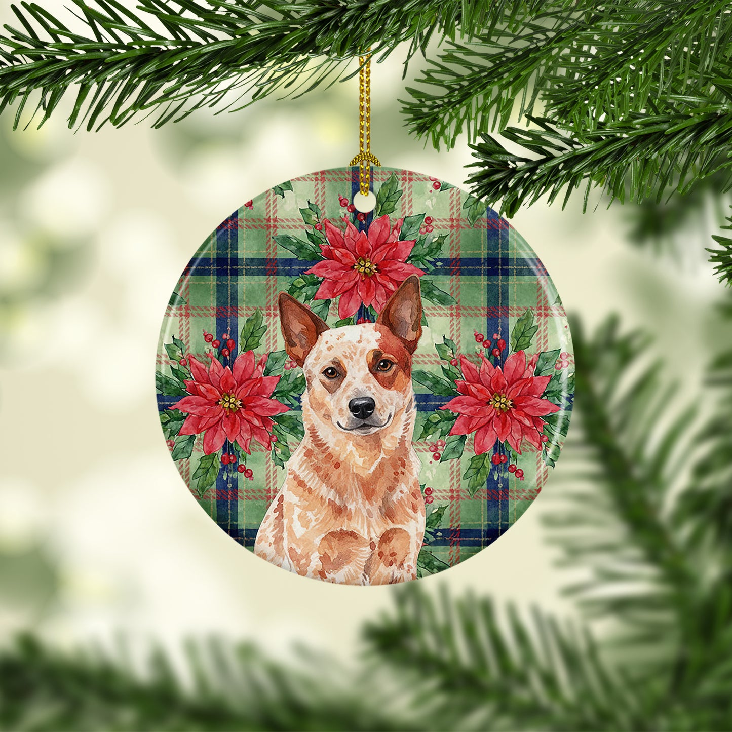 Red Heeler Australian Cattle Dog Christmas PoinsettIas Ceramic Ornament