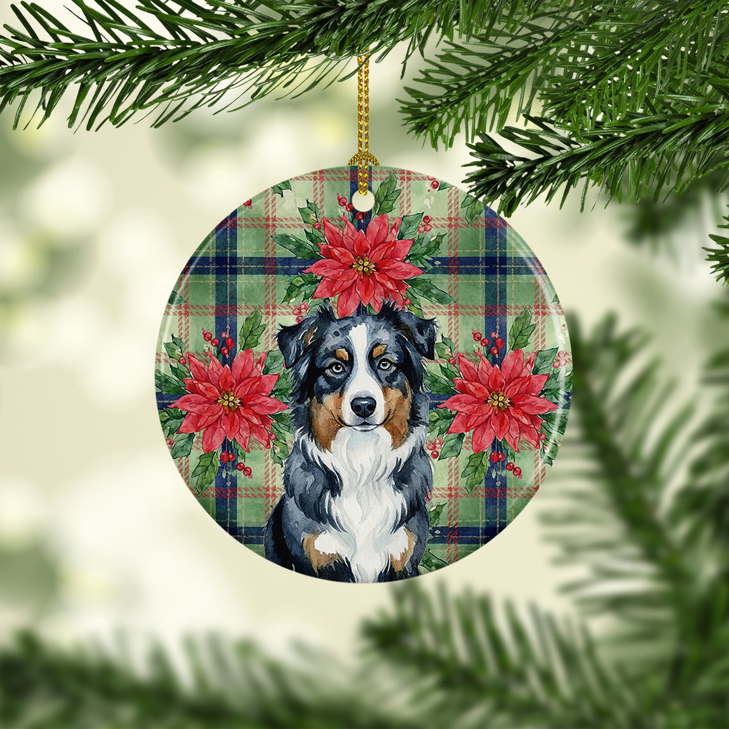 Black Australian Shepherd Christmas PoinsettIas Ceramic Ornament