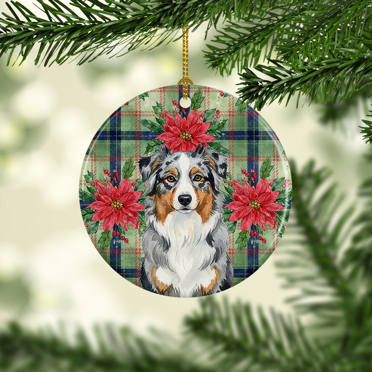 Blue Merle Australian Shepherd Christmas PoinsettIas Ceramic Ornament