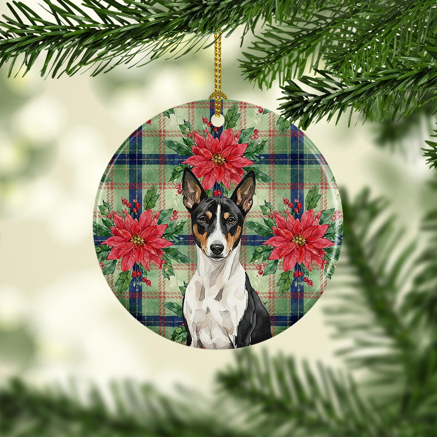 Black and White Basenji Christmas PoinsettIas Ceramic Ornament