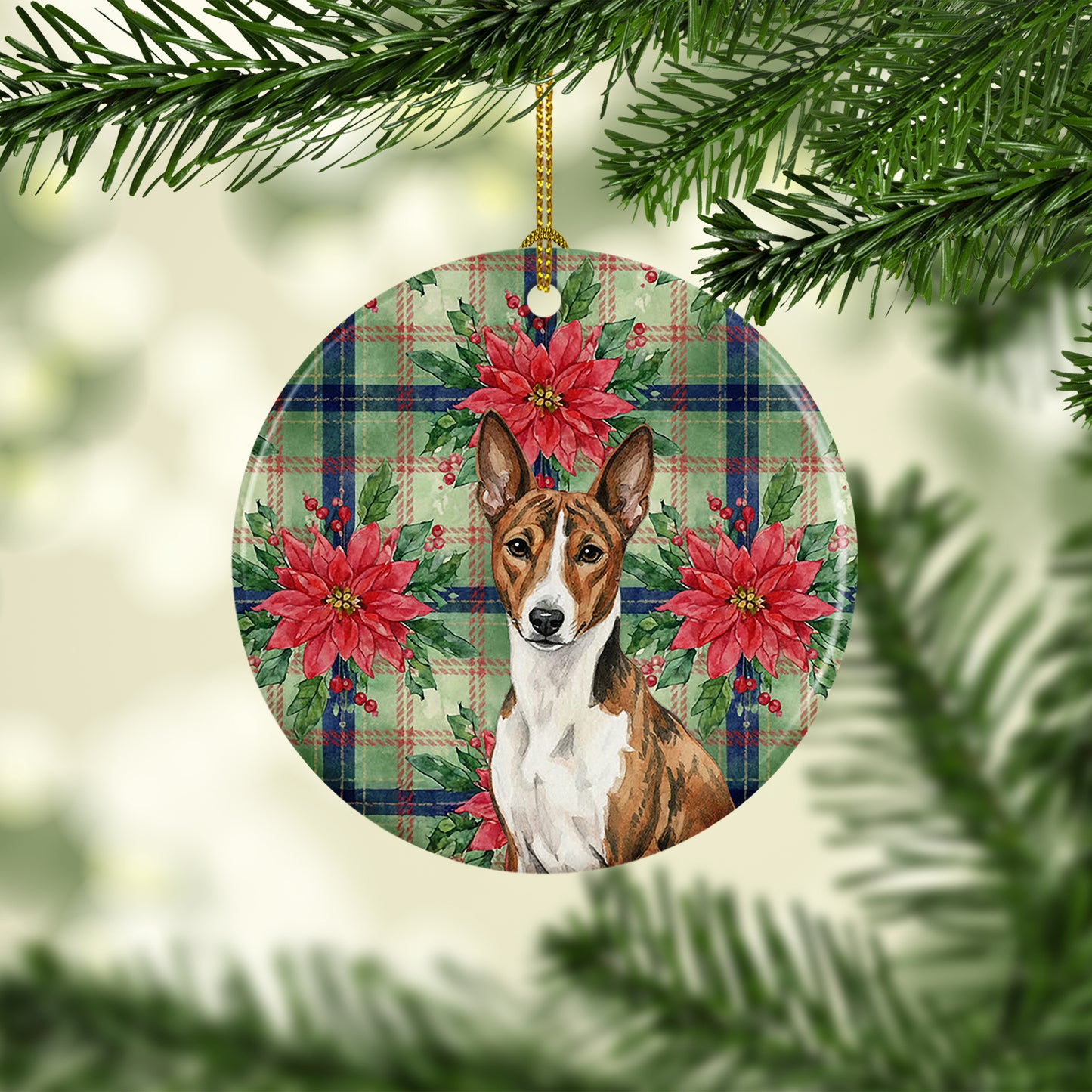 Brindle and White Basenji Christmas PoinsettIas Ceramic Ornament