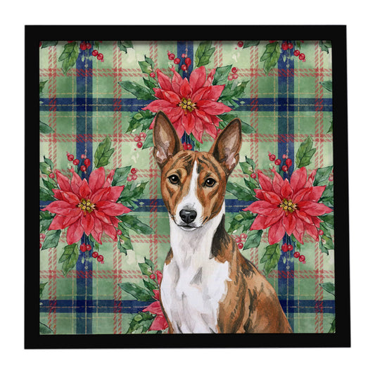 Buy this Brindle and White Basenji Christmas PoinsettIas Framed Metal Print