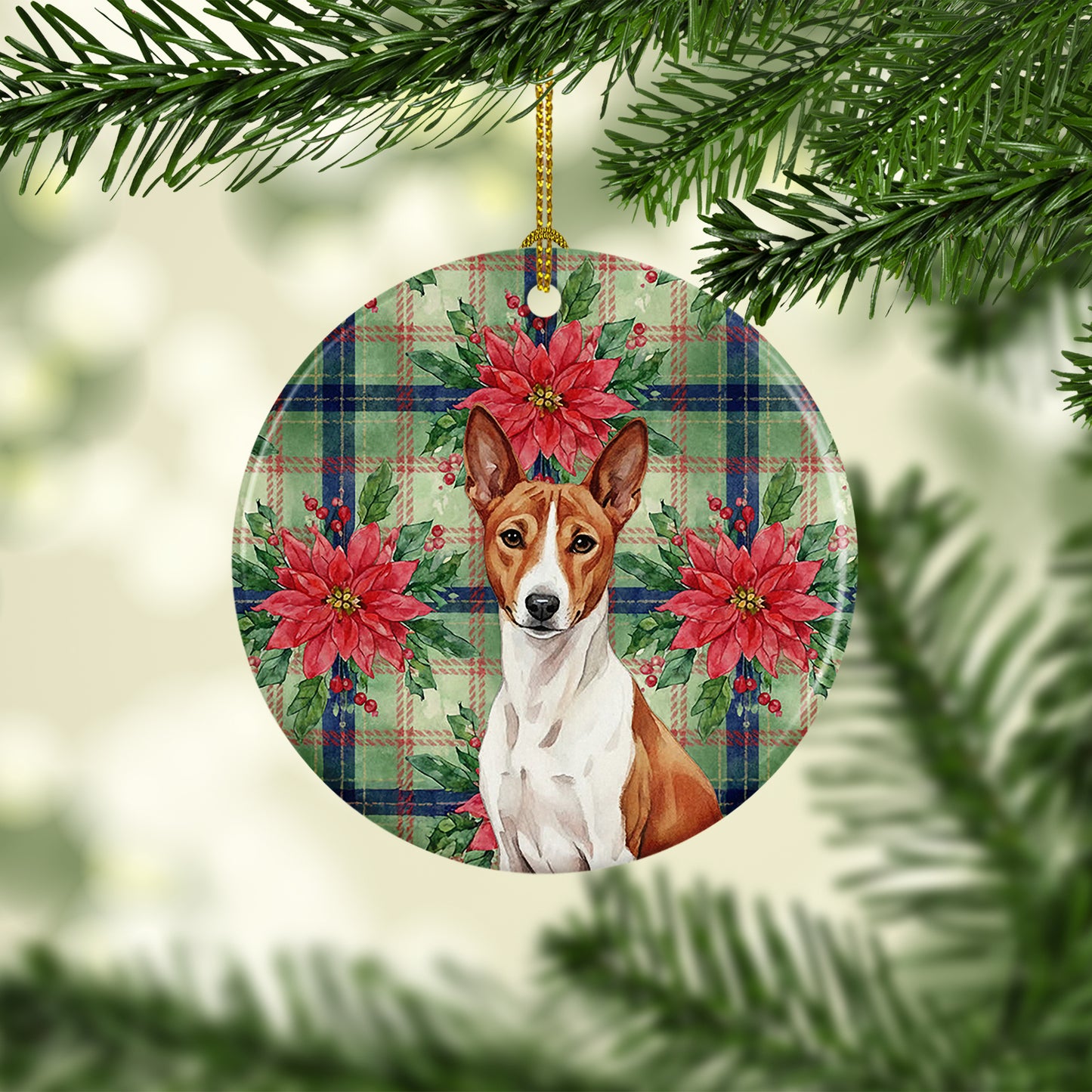 Red and White Basenji Christmas PoinsettIas Ceramic Ornament