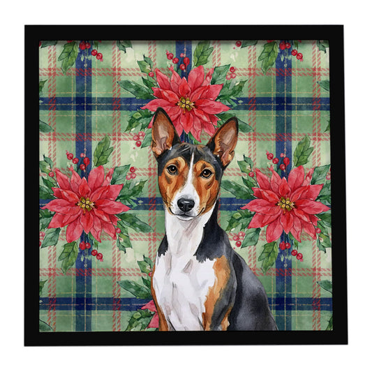 Buy this Tricolor and White Basenji Christmas PoinsettIas Framed Metal Print