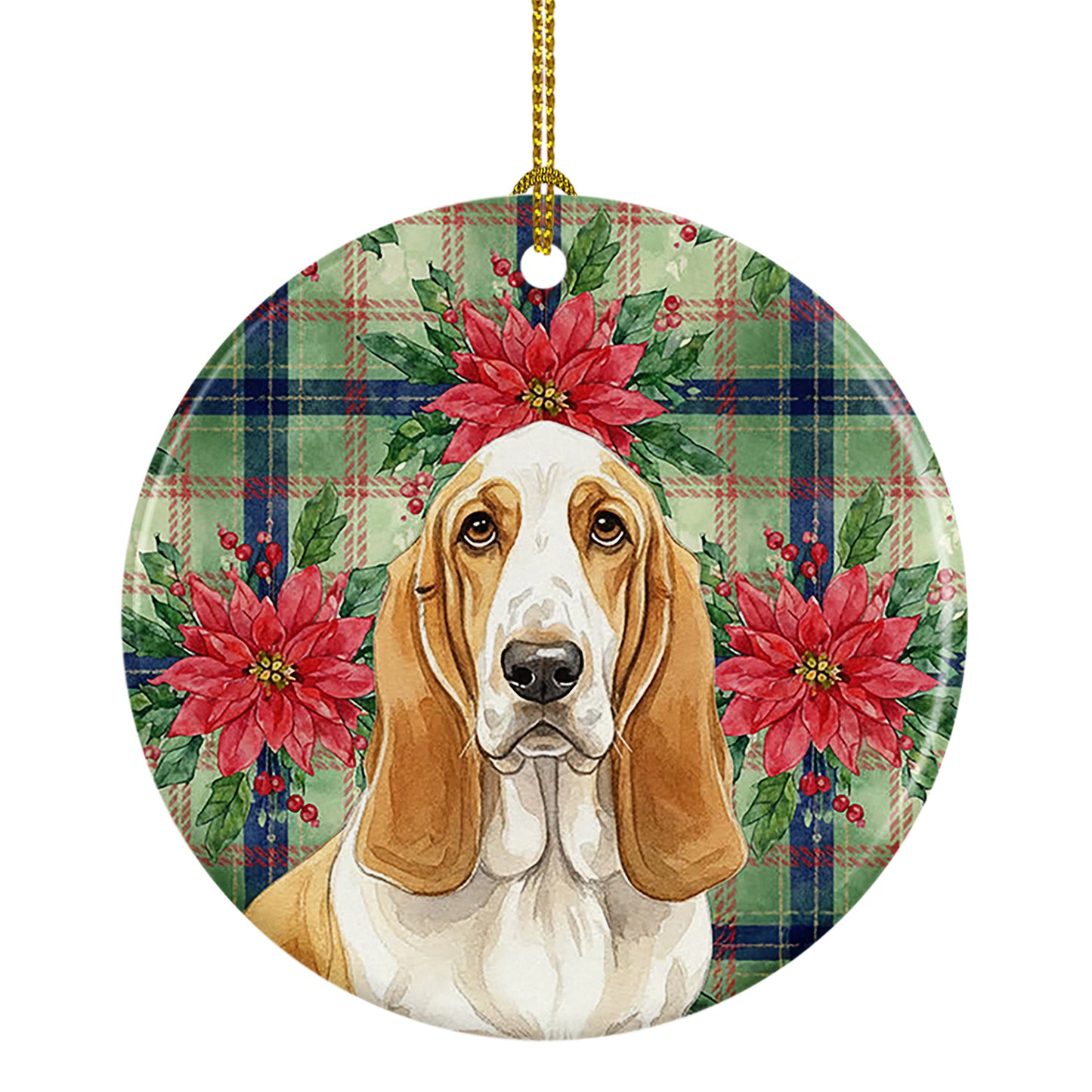 Buy this Lemon and White Basset Hound Christmas PoinsettIas Ceramic Ornament