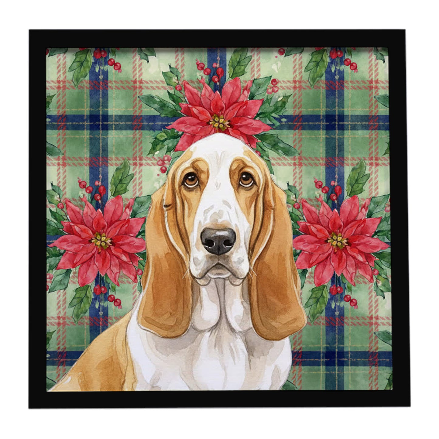 Buy this Lemon and White Basset Hound Christmas PoinsettIas Framed Metal Print