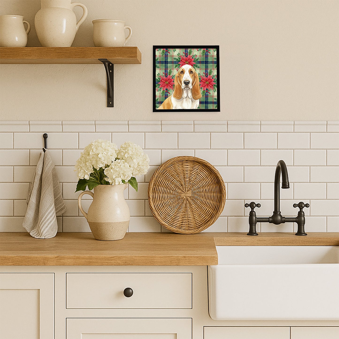 Lemon and White Basset Hound Christmas PoinsettIas Framed Metal Print
