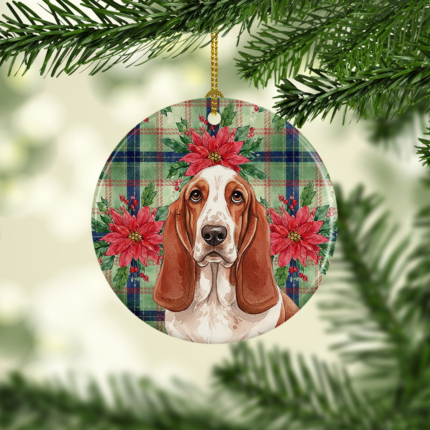 Red and White Basset Hound Christmas PoinsettIas Ceramic Ornament