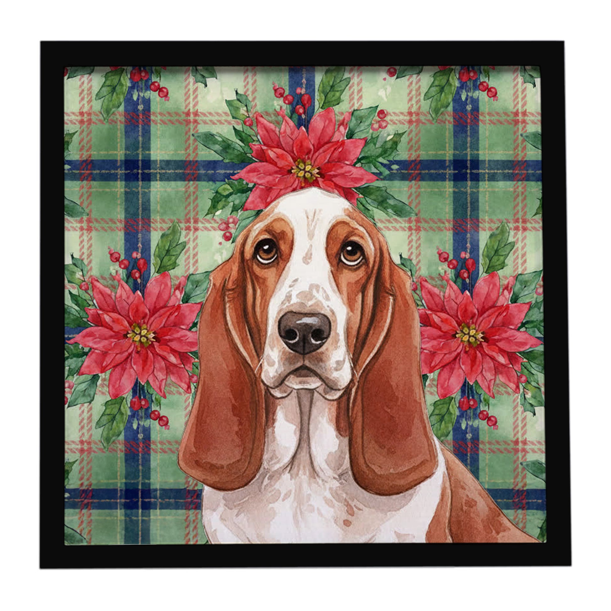 Buy this Red and White Basset Hound Christmas PoinsettIas Framed Metal Print