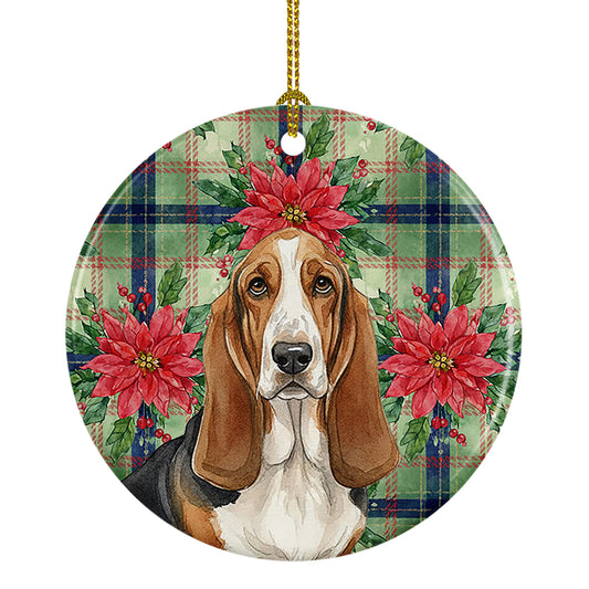 Buy this Tricolor and White Basset Hound Christmas PoinsettIas Ceramic Ornament