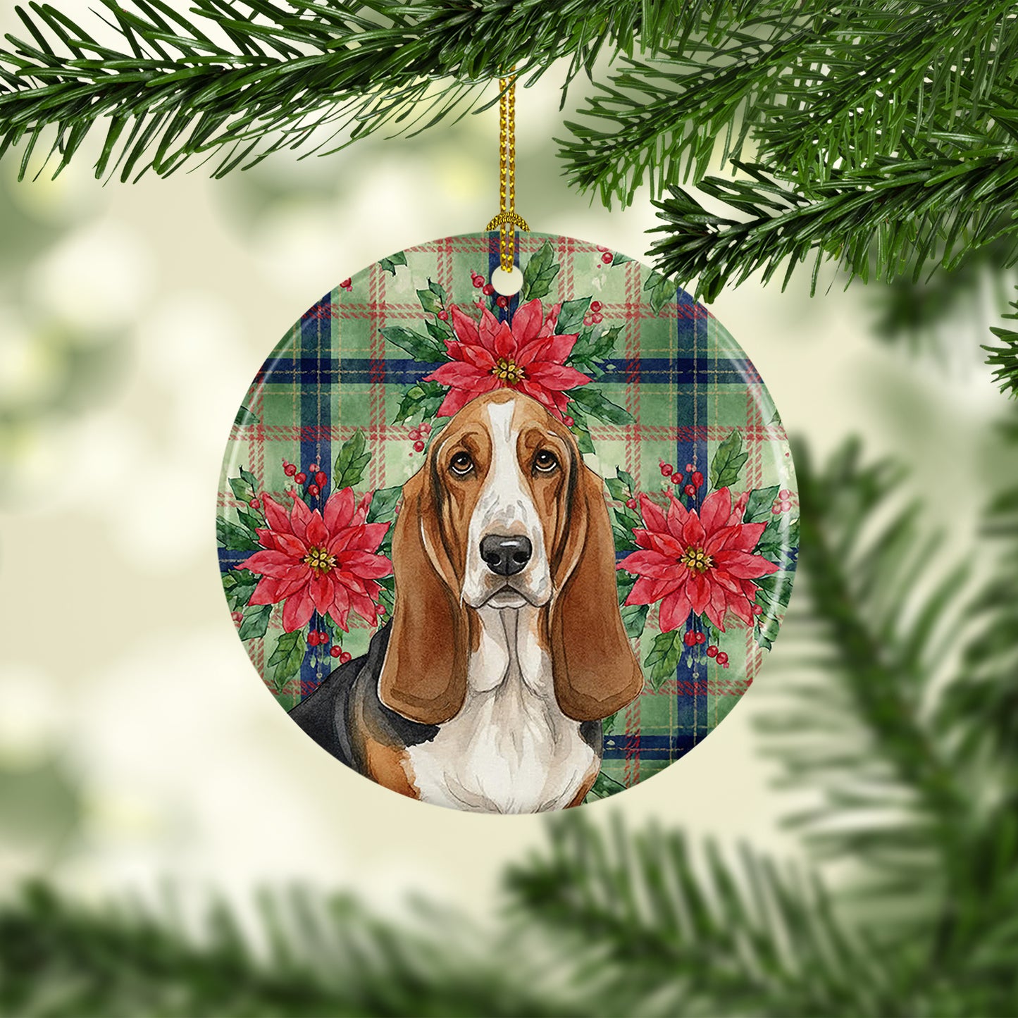 Tricolor and White Basset Hound Christmas PoinsettIas Ceramic Ornament