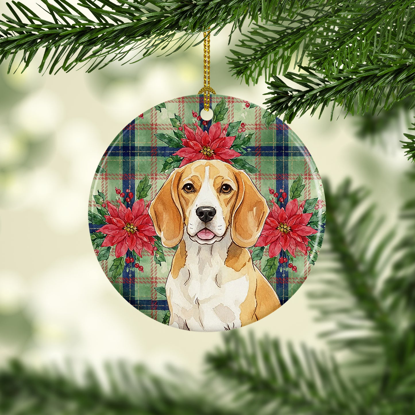 Lemon and White Beagle Christmas PoinsettIas Ceramic Ornament