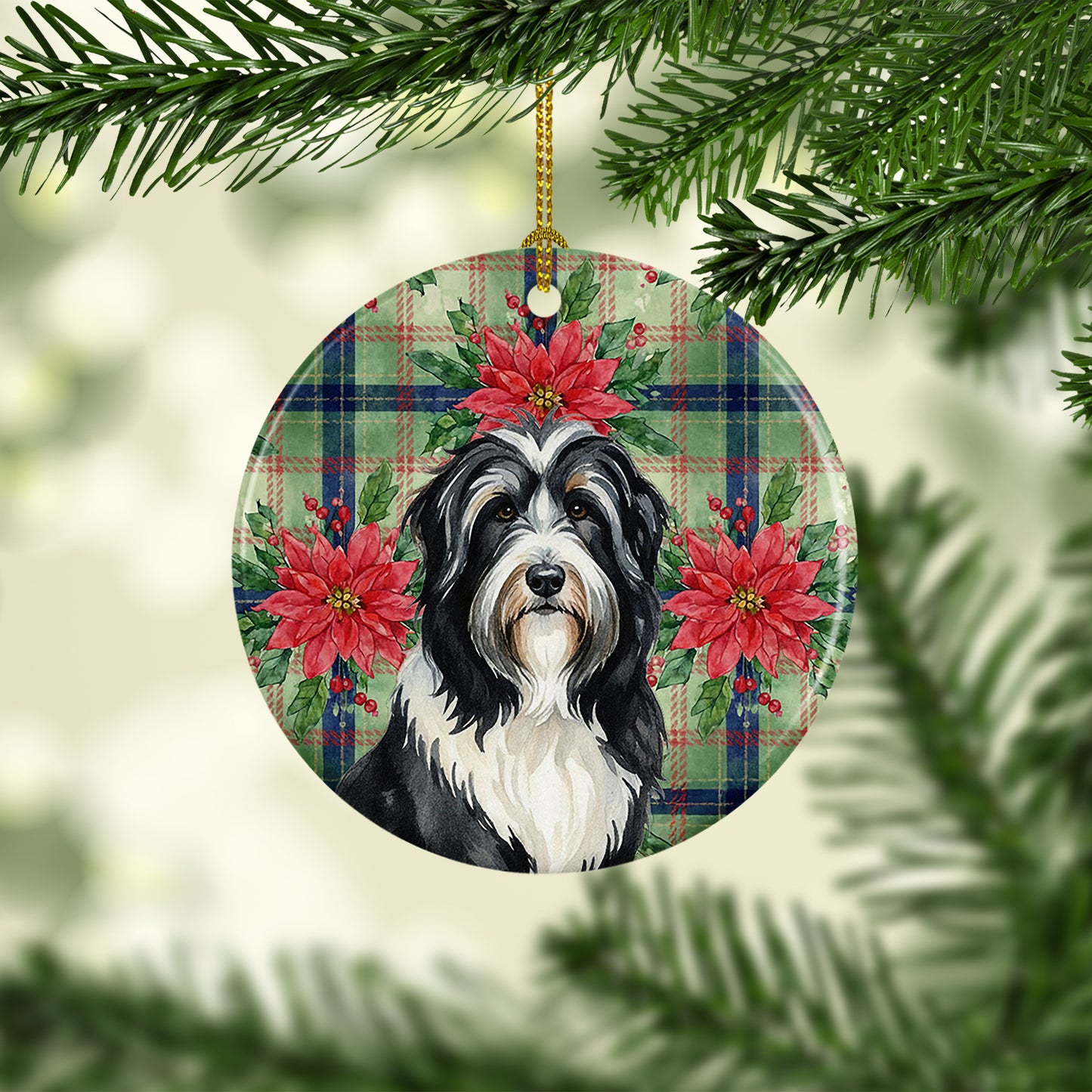 Black Bearded Collie Christmas PoinsettIas Ceramic Ornament