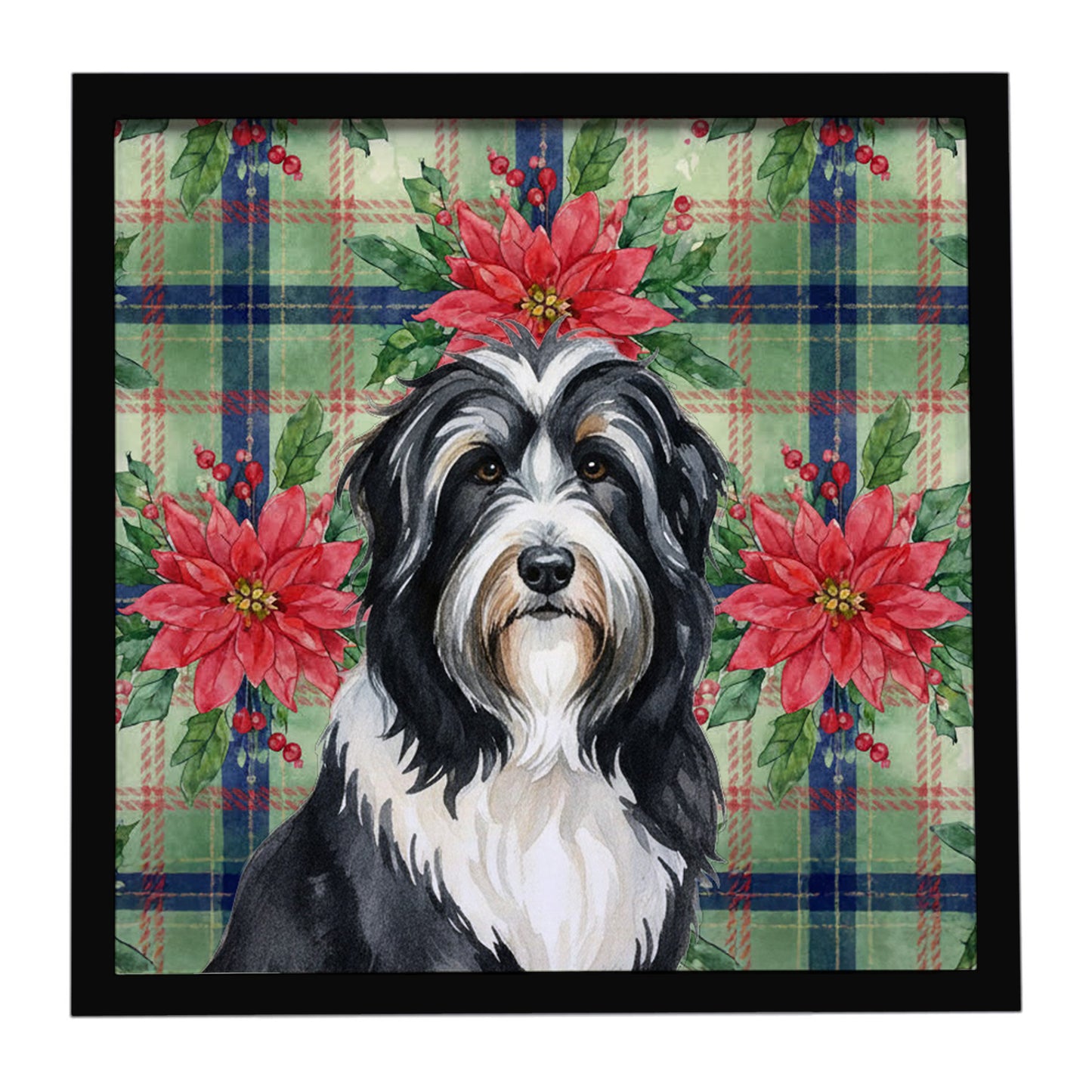 Buy this Black Bearded Collie Christmas PoinsettIas Framed Metal Print