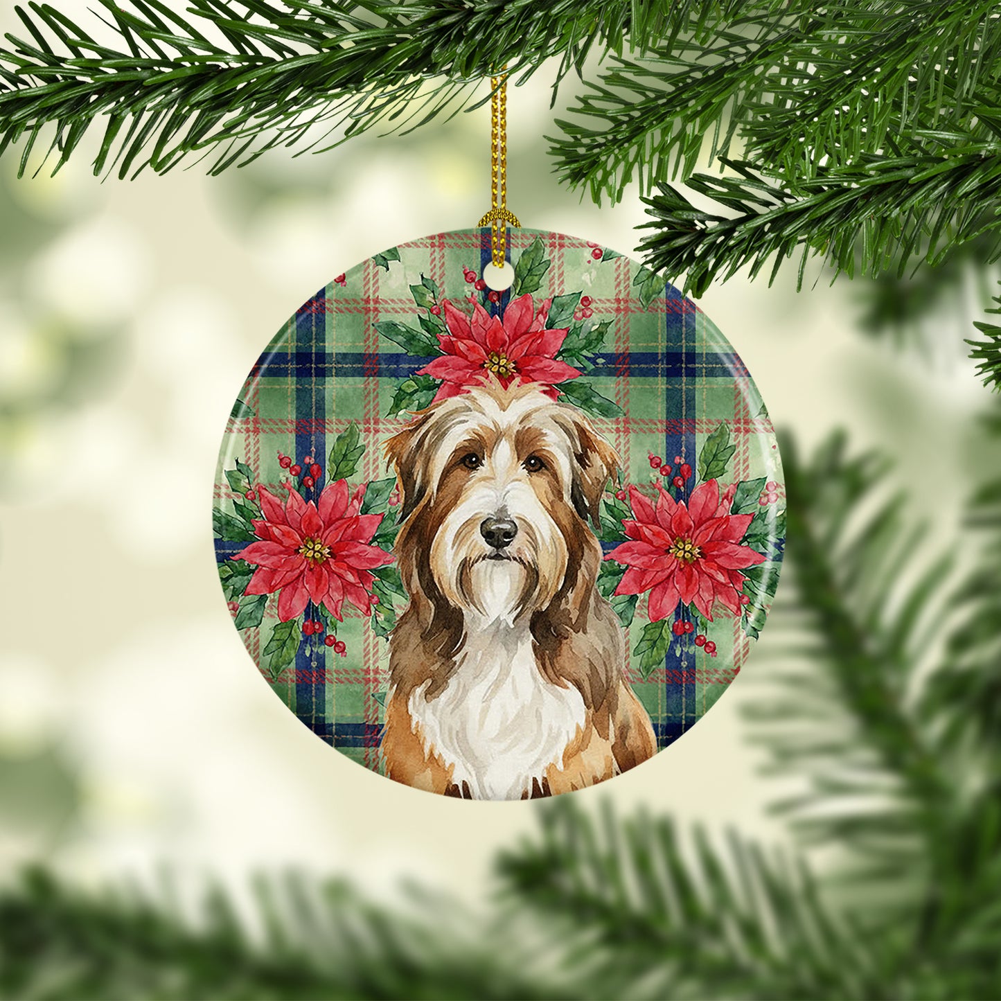Brown Bearded Collie Christmas PoinsettIas Ceramic Ornament