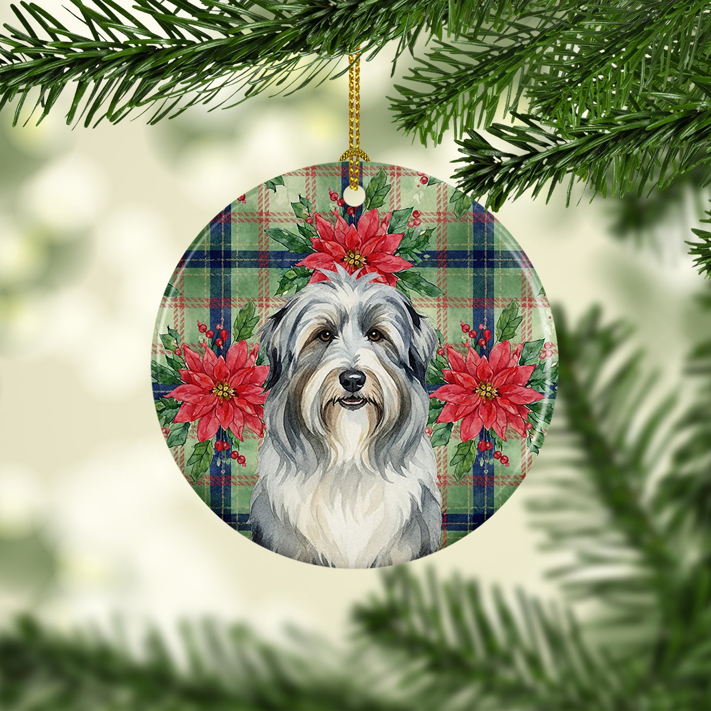 Bearded Collie Christmas PoinsettIas Ceramic Ornament