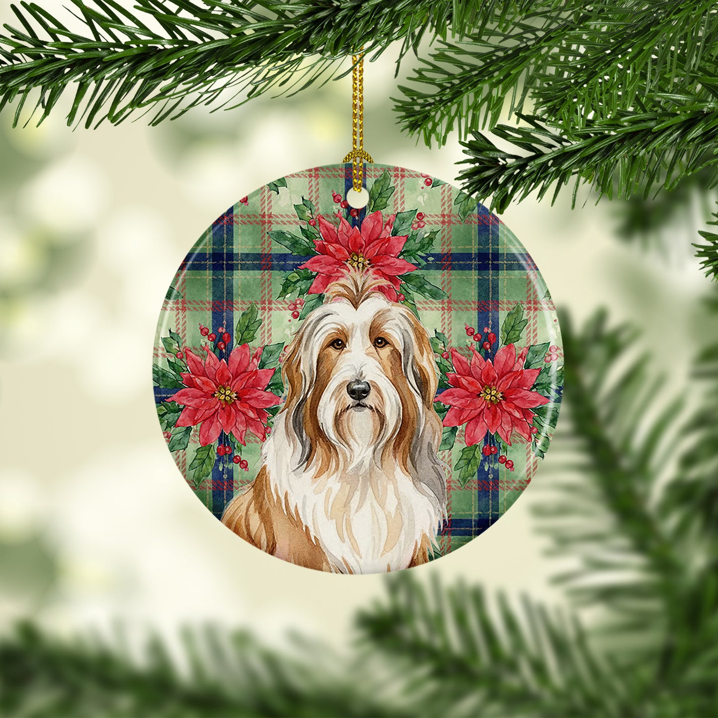 Fawn Bearded Collie Christmas PoinsettIas Ceramic Ornament