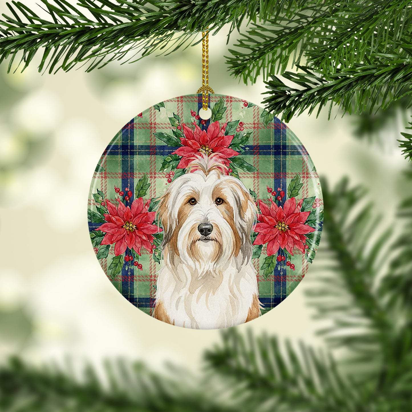 White and Tan Bearded Collie Christmas PoinsettIas Ceramic Ornament
