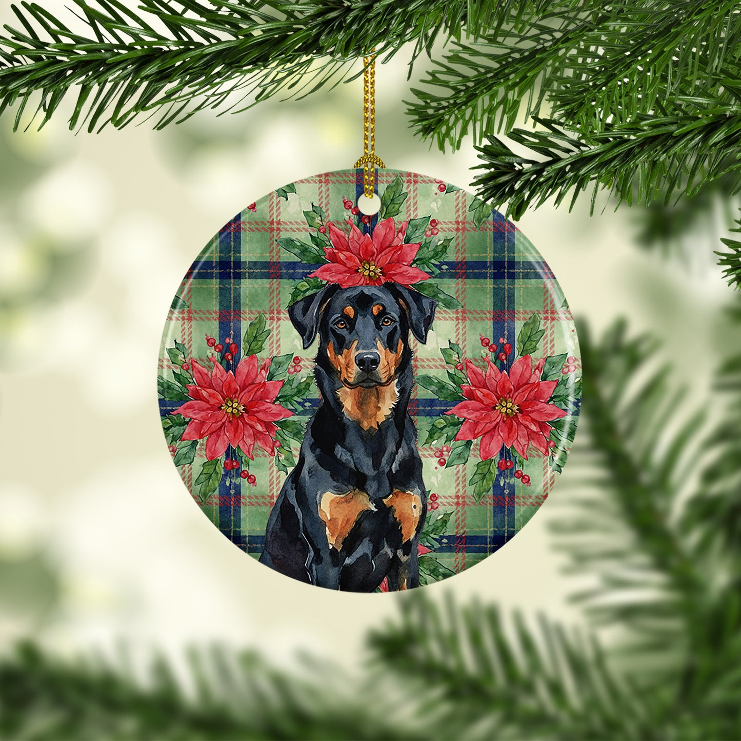 Beauceron Christmas PoinsettIas Ceramic Ornament