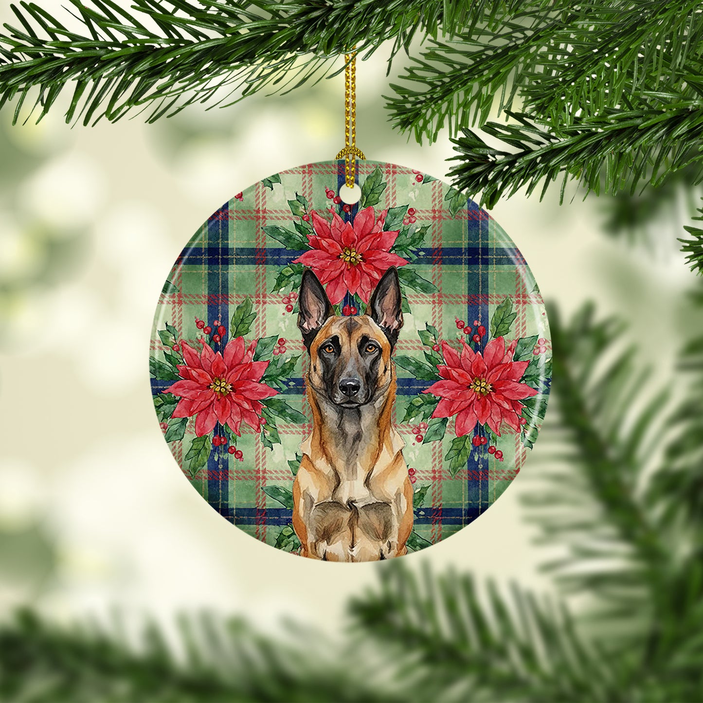 Belgian Malinois Christmas PoinsettIas Ceramic Ornament
