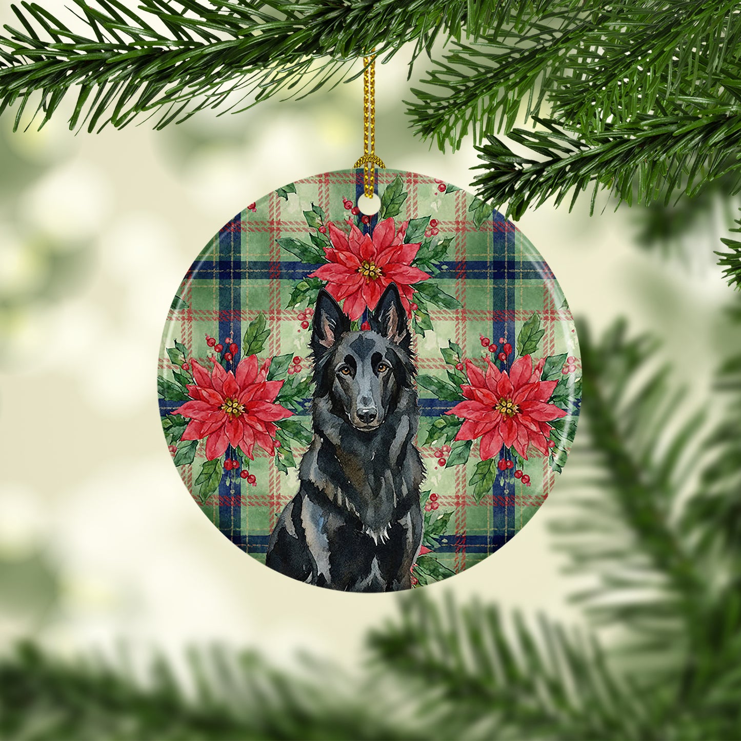Belgian Sheepdog Groenendael Christmas PoinsettIas Ceramic Ornament