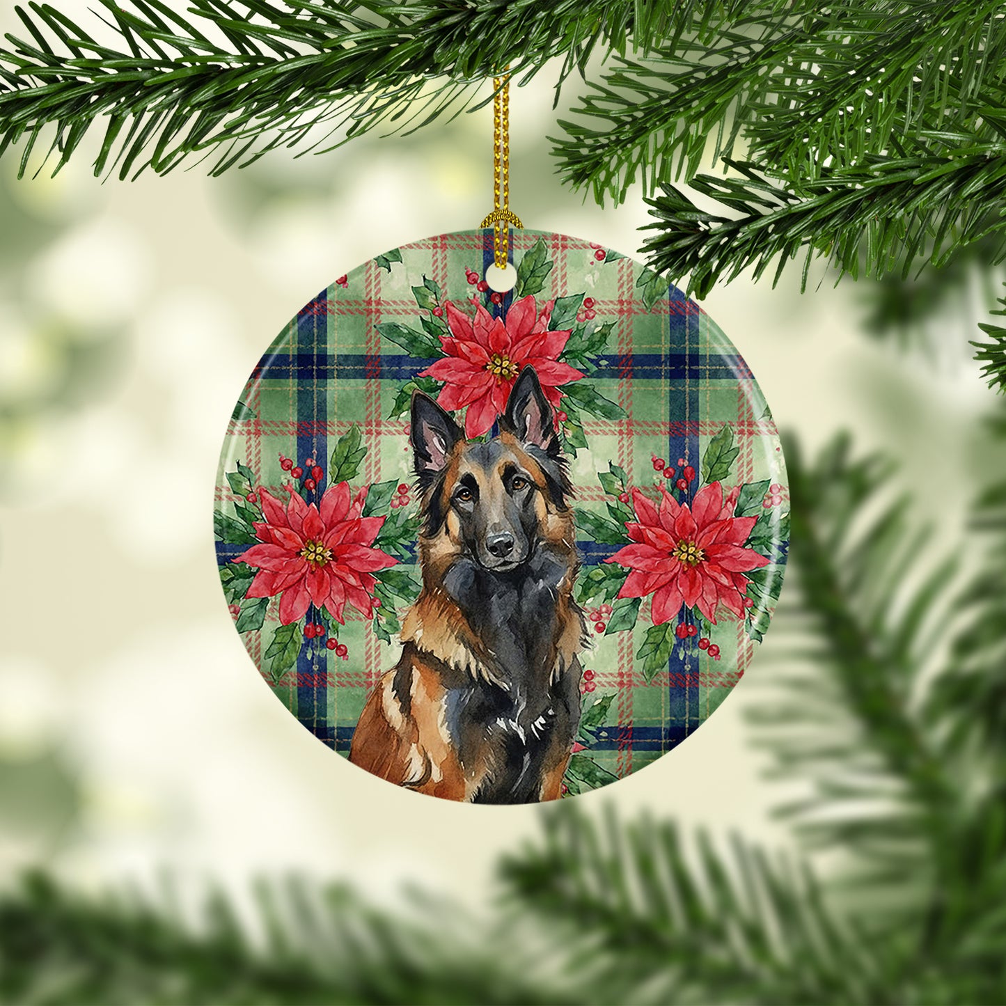 Belgian Tervuren Christmas PoinsettIas Ceramic Ornament