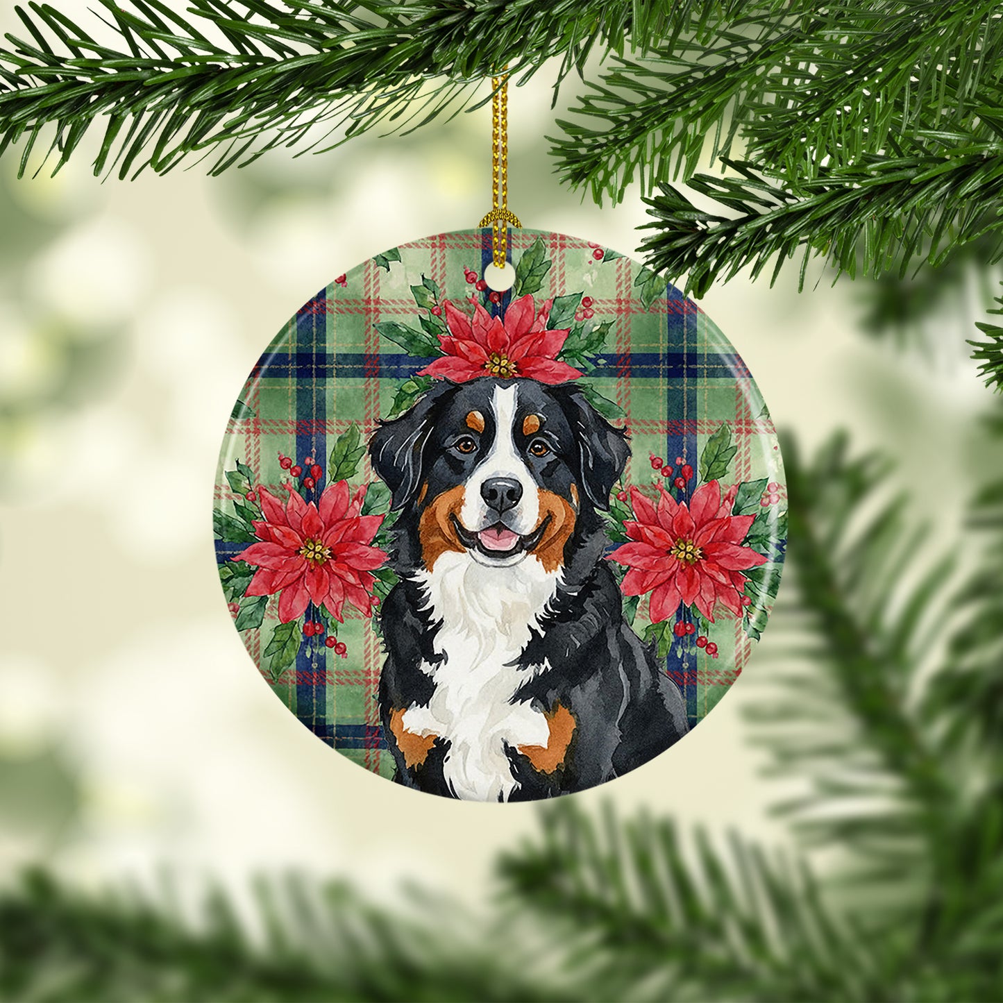 Bernese Mountain Dog Christmas PoinsettIas Ceramic Ornament