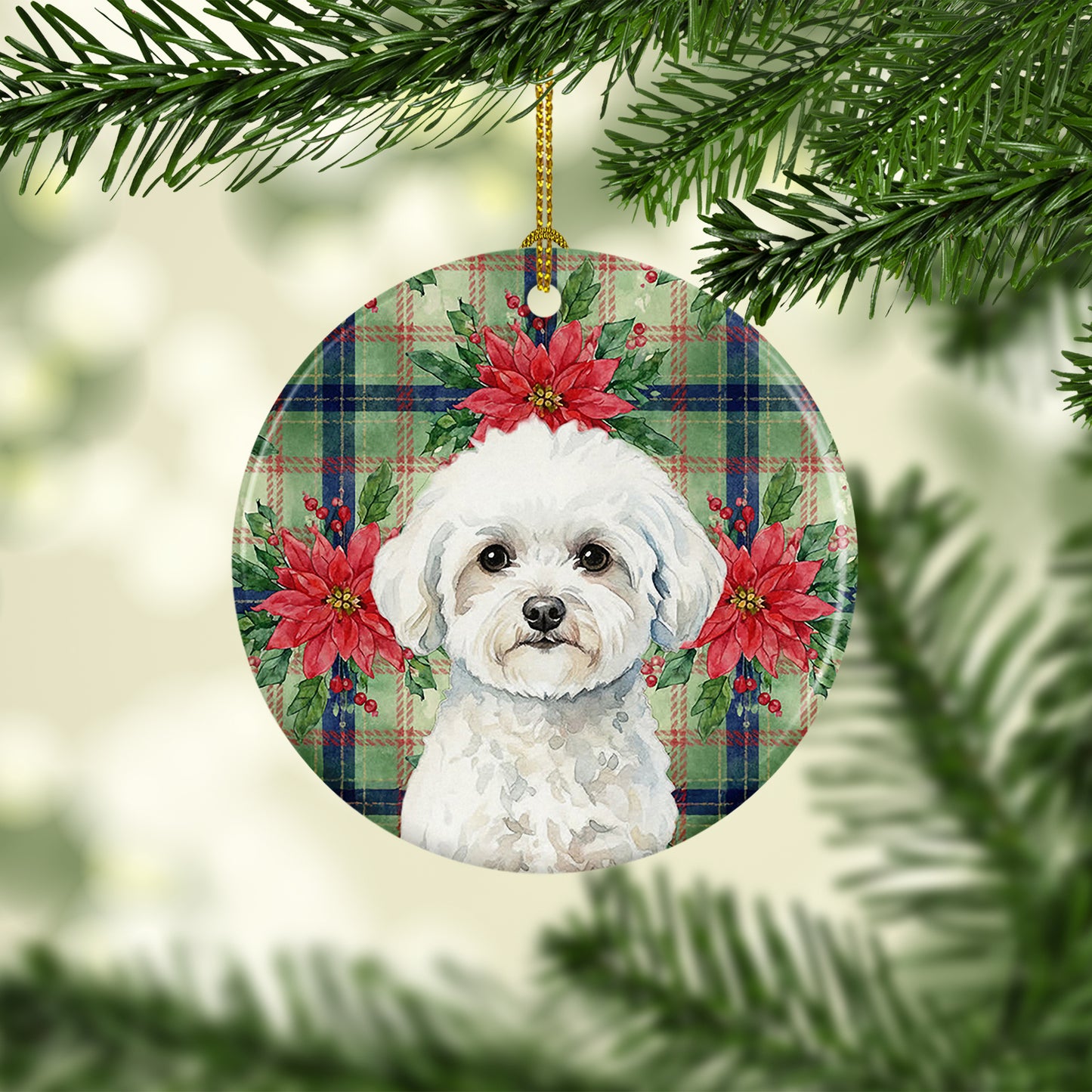Bichon Frise Christmas PoinsettIas Ceramic Ornament