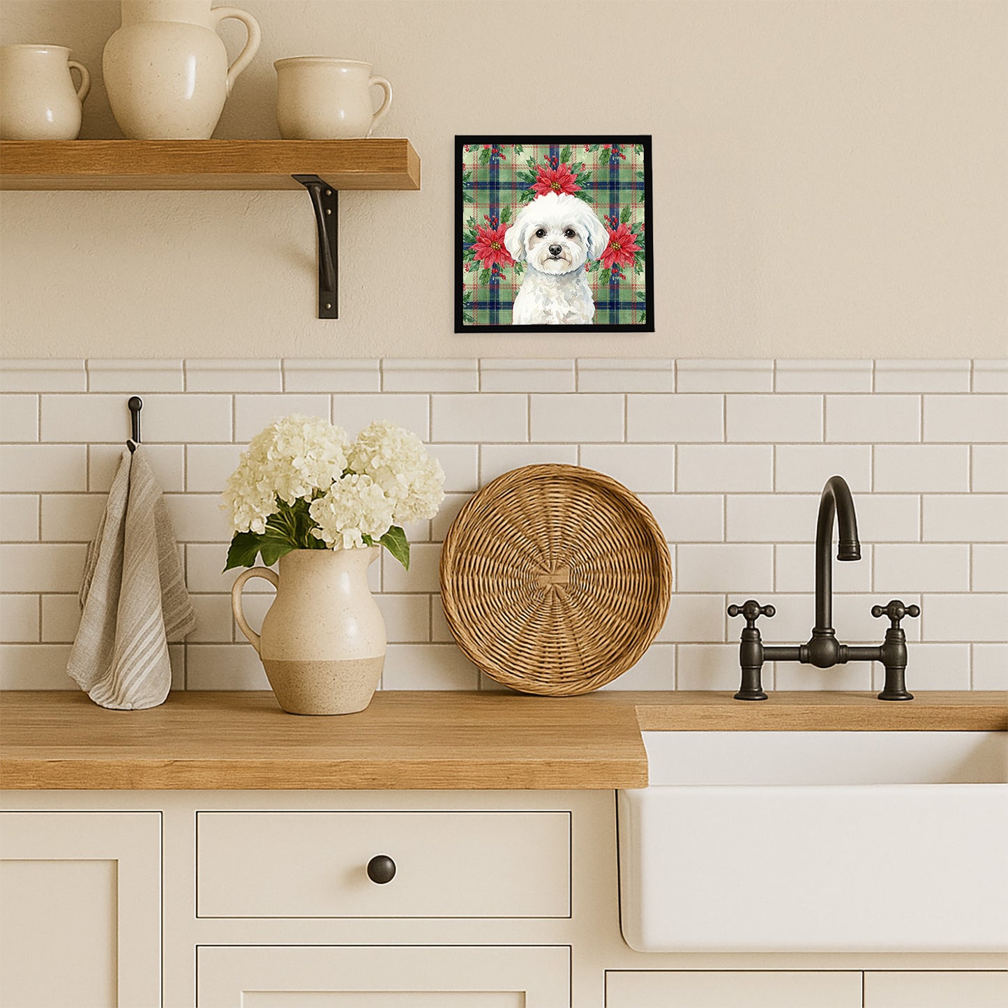 Bichon Frise Christmas PoinsettIas Framed Metal Print