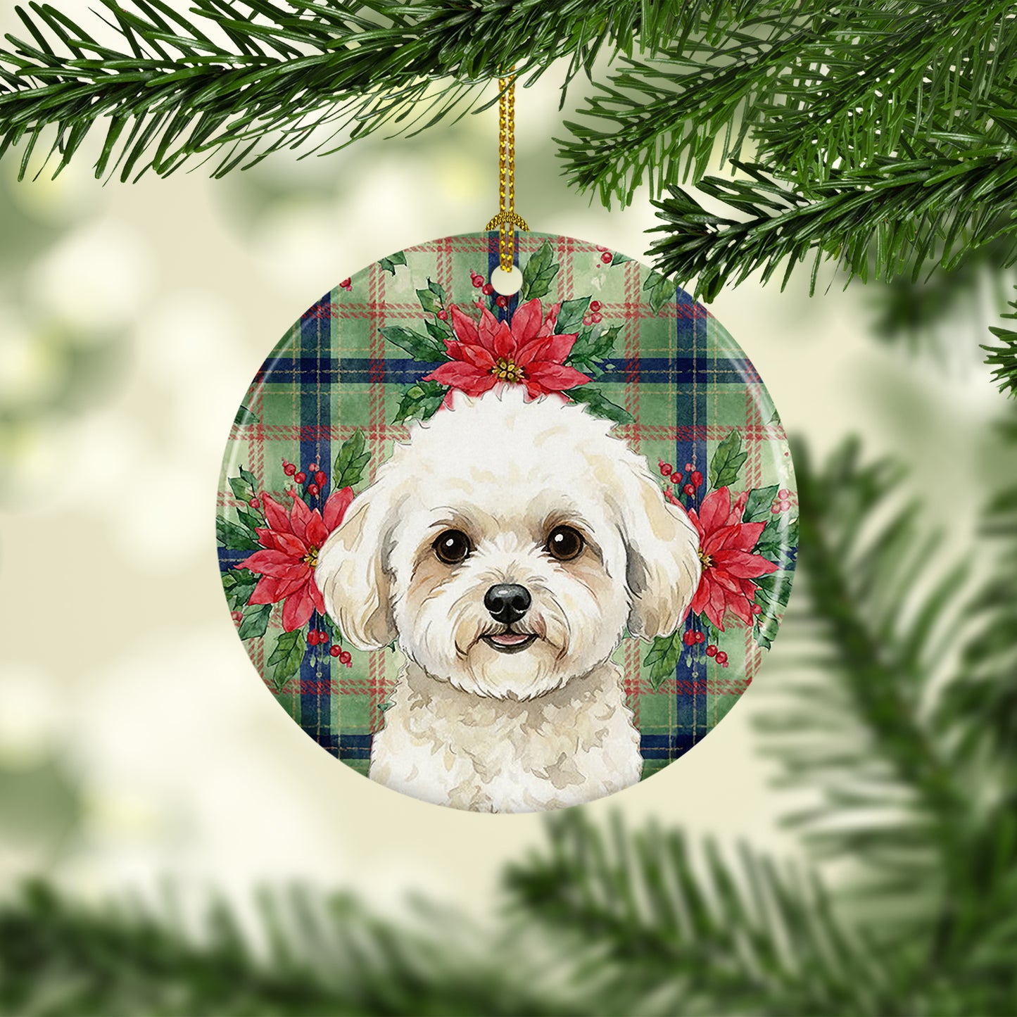 White and Cream Bichon Frise Christmas PoinsettIas Ceramic Ornament