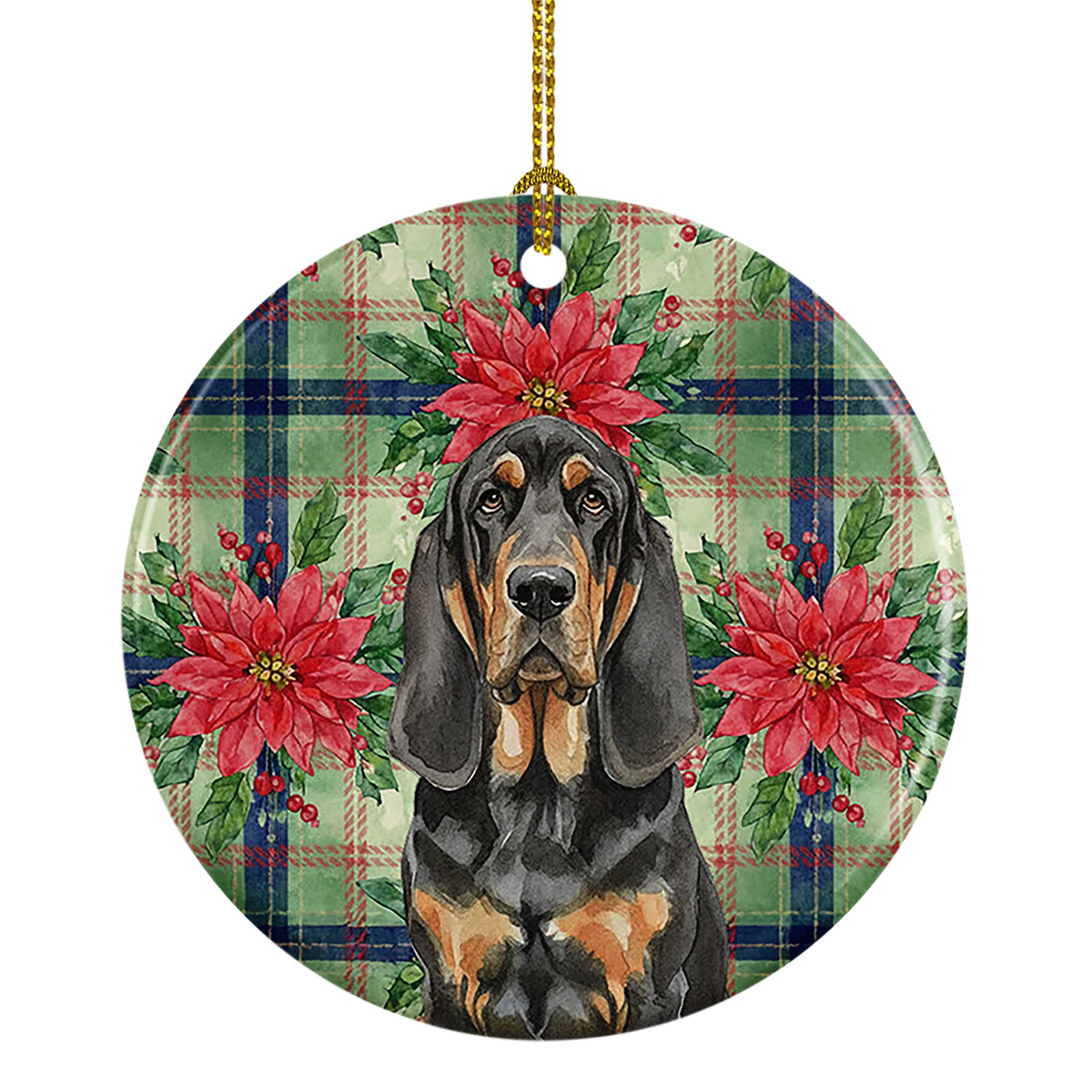 Buy this Black and Tan Bloodhound Christmas PoinsettIas Ceramic Ornament