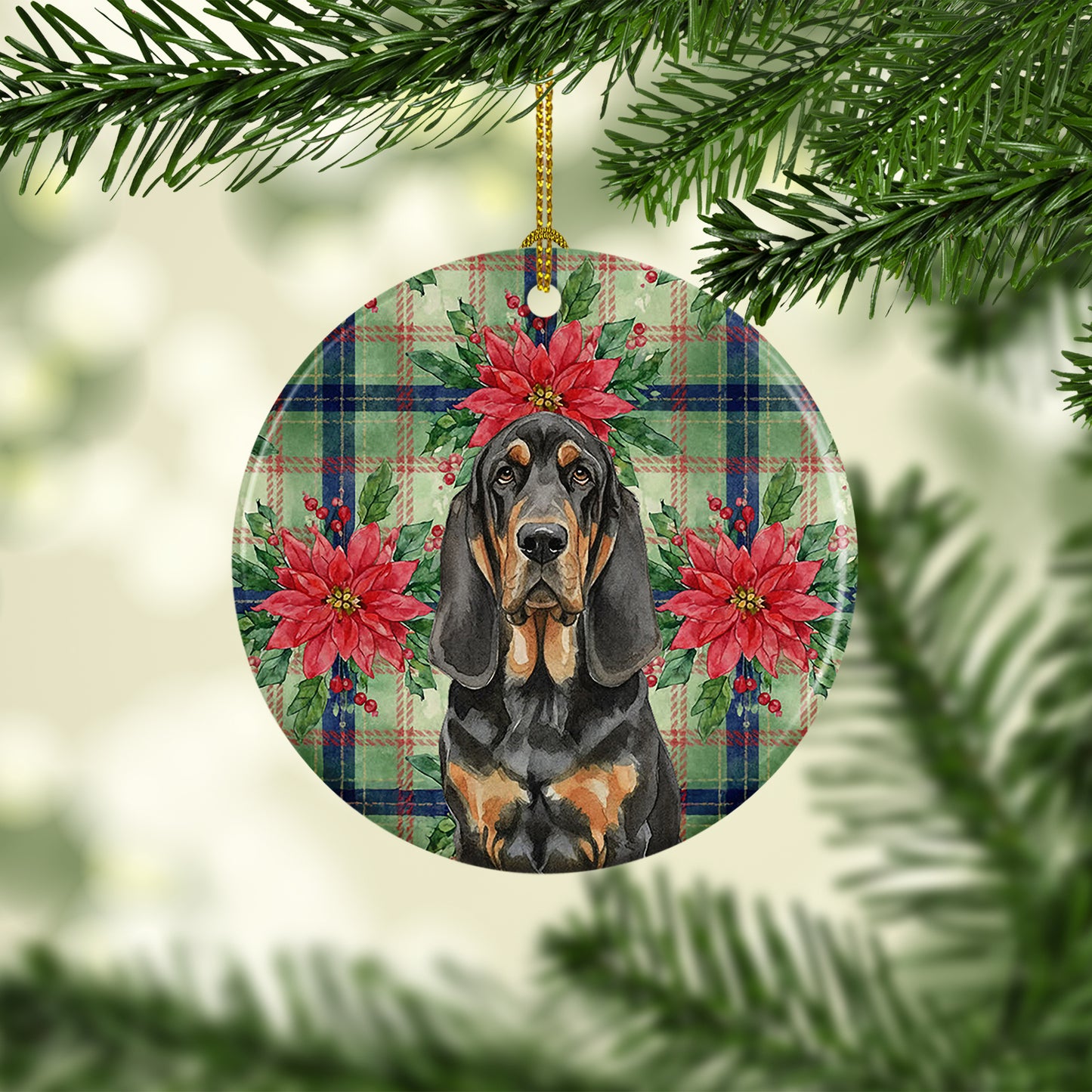 Black and Tan Bloodhound Christmas PoinsettIas Ceramic Ornament