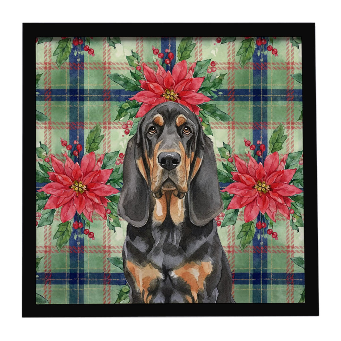 Buy this Black and Tan Bloodhound Christmas PoinsettIas Framed Metal Print