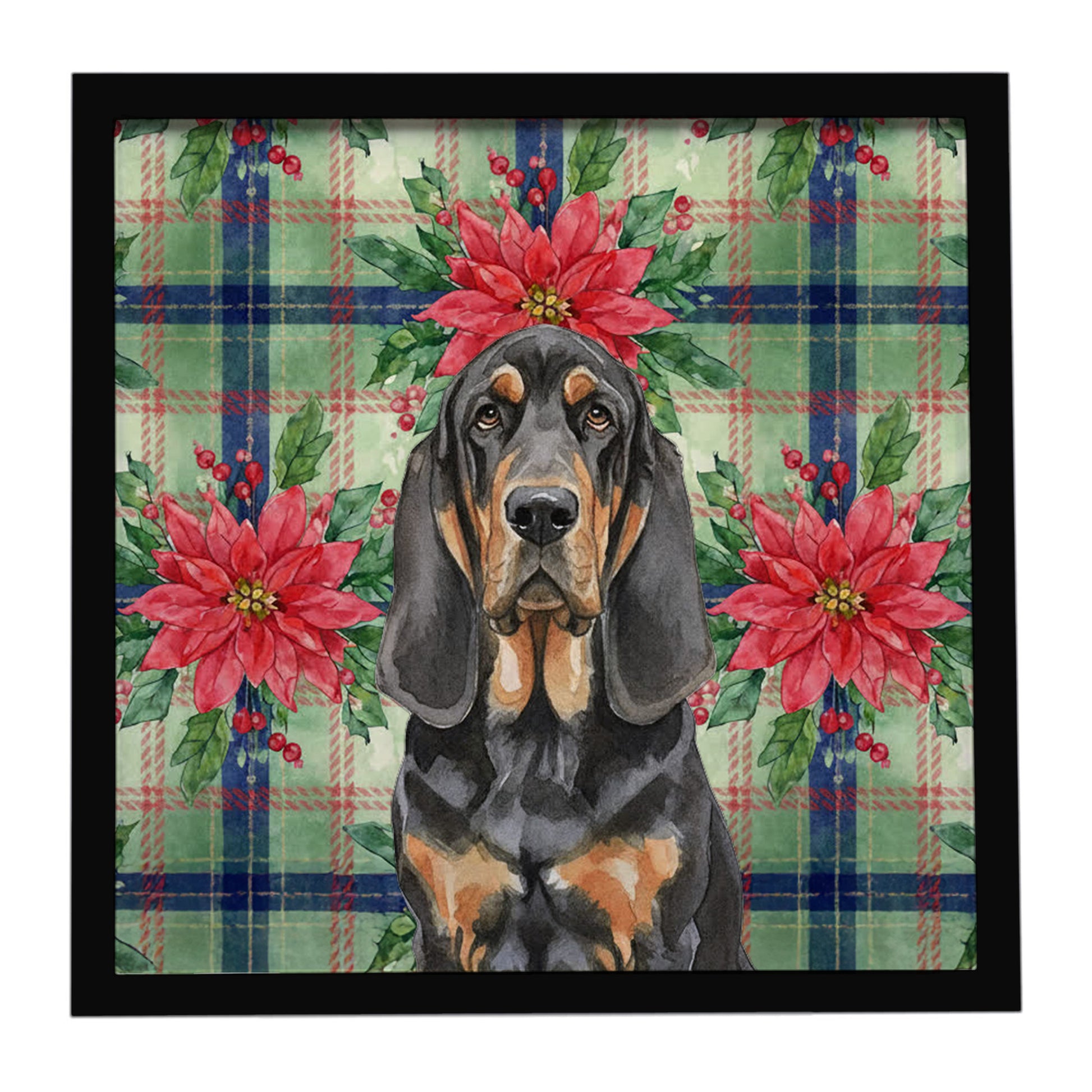 Buy this Black and Tan Bloodhound Christmas PoinsettIas Framed Metal Print
