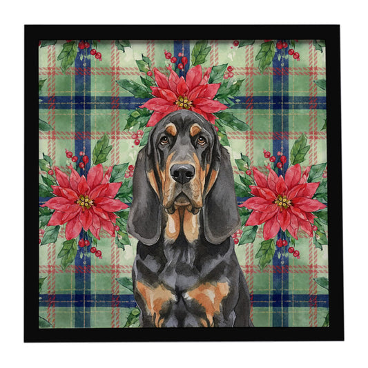 Buy this Black and Tan Bloodhound Christmas PoinsettIas Framed Metal Print