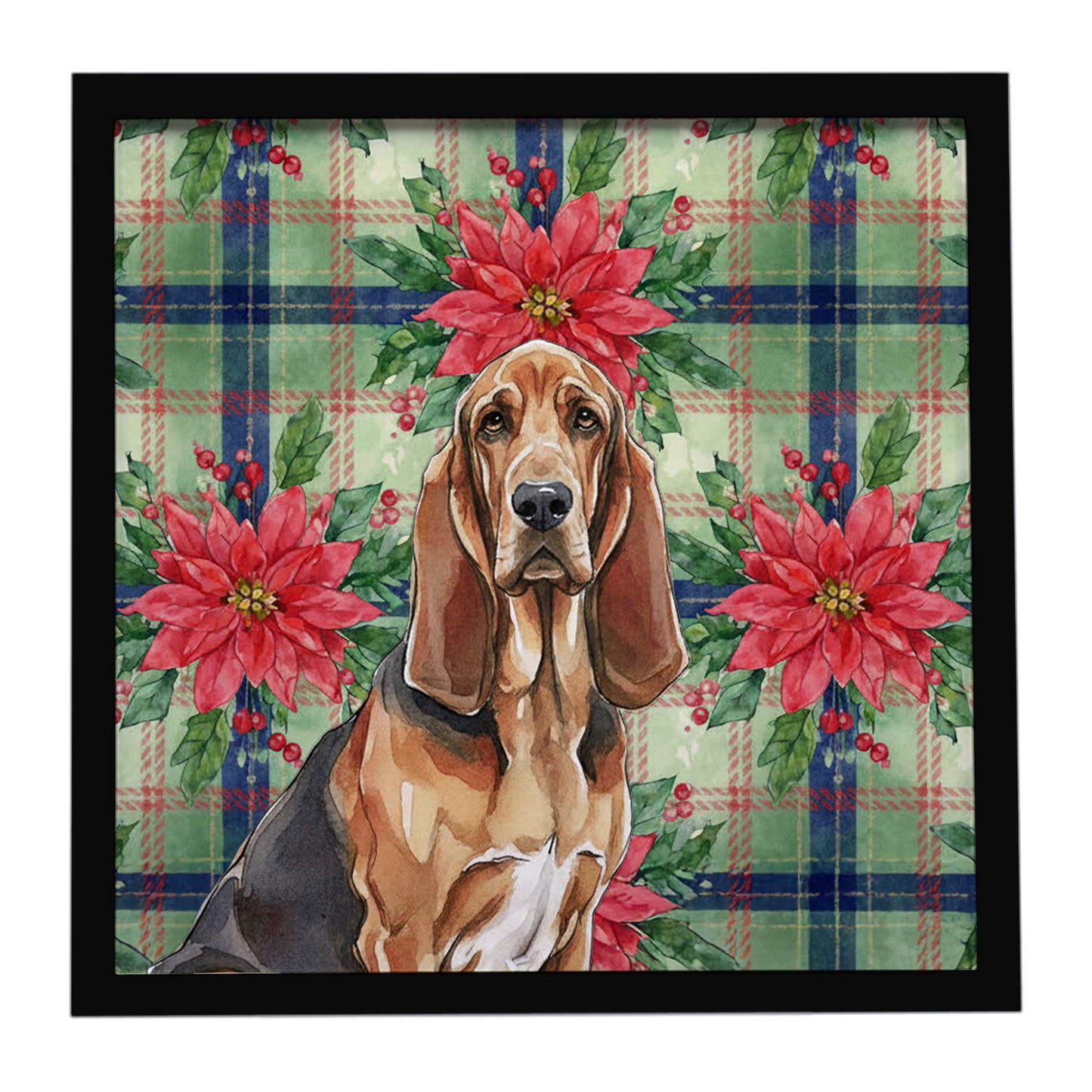 Buy this Liver and Tan Bloodhound Christmas PoinsettIas Framed Metal Print