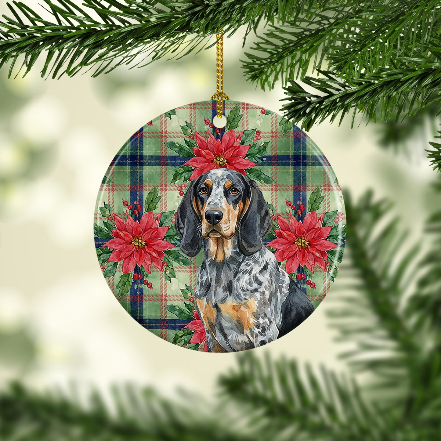 Bluetick Coonhound Christmas PoinsettIas Ceramic Ornament