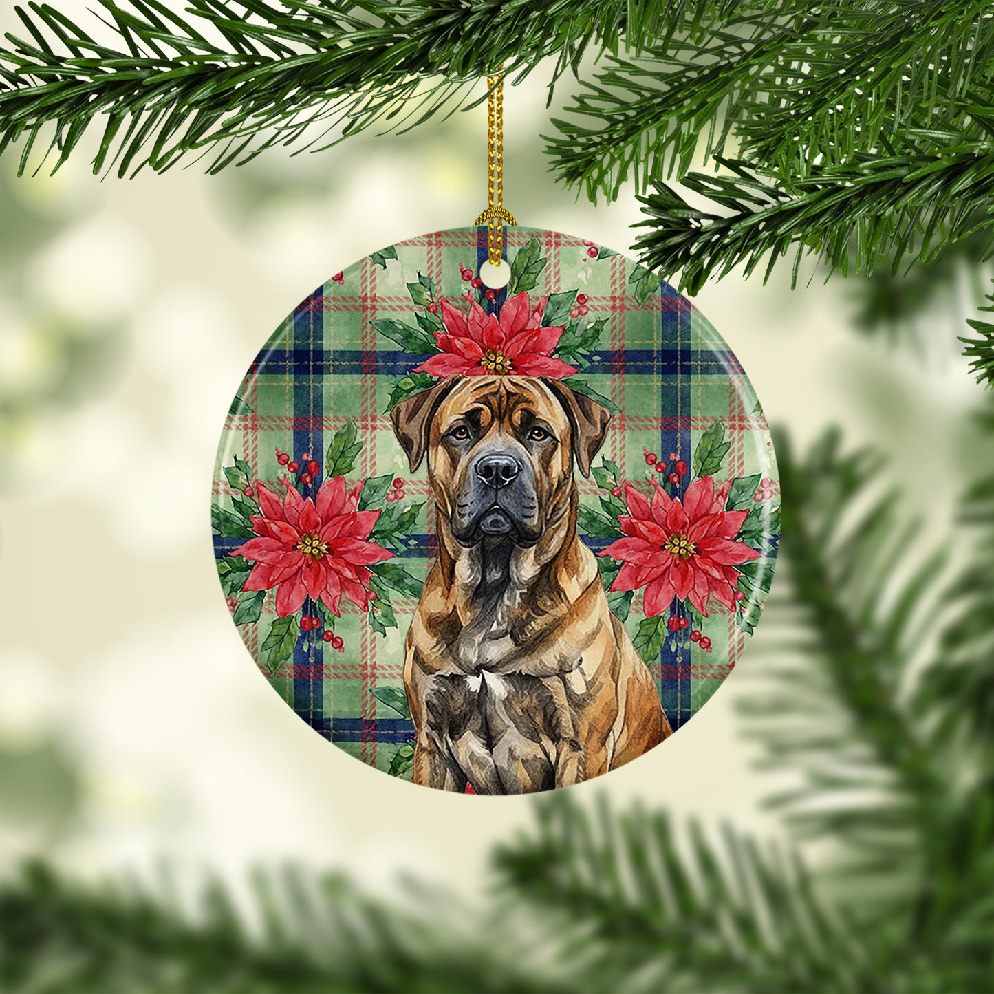 Brindle Boerboel Christmas PoinsettIas Ceramic Ornament