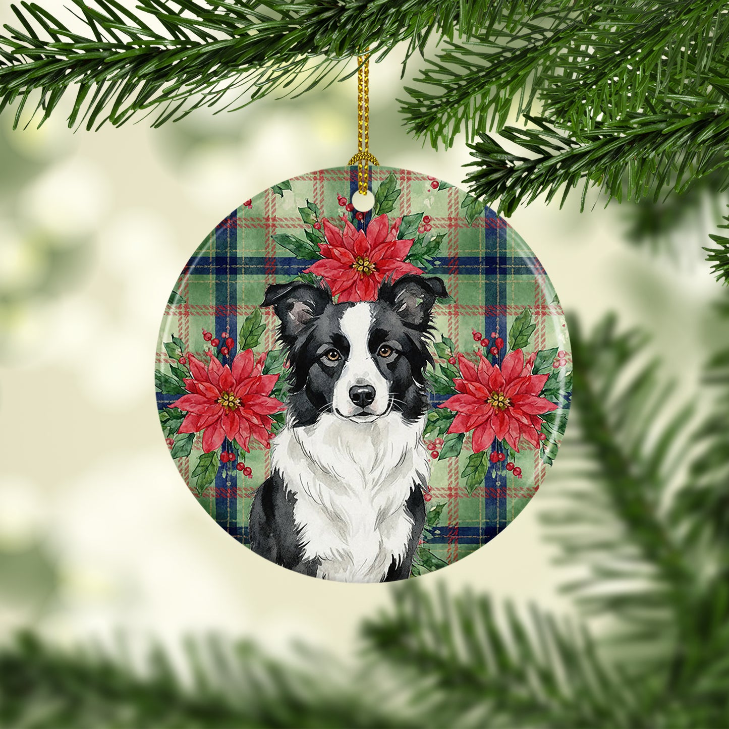 Border Collie Christmas PoinsettIas Ceramic Ornament