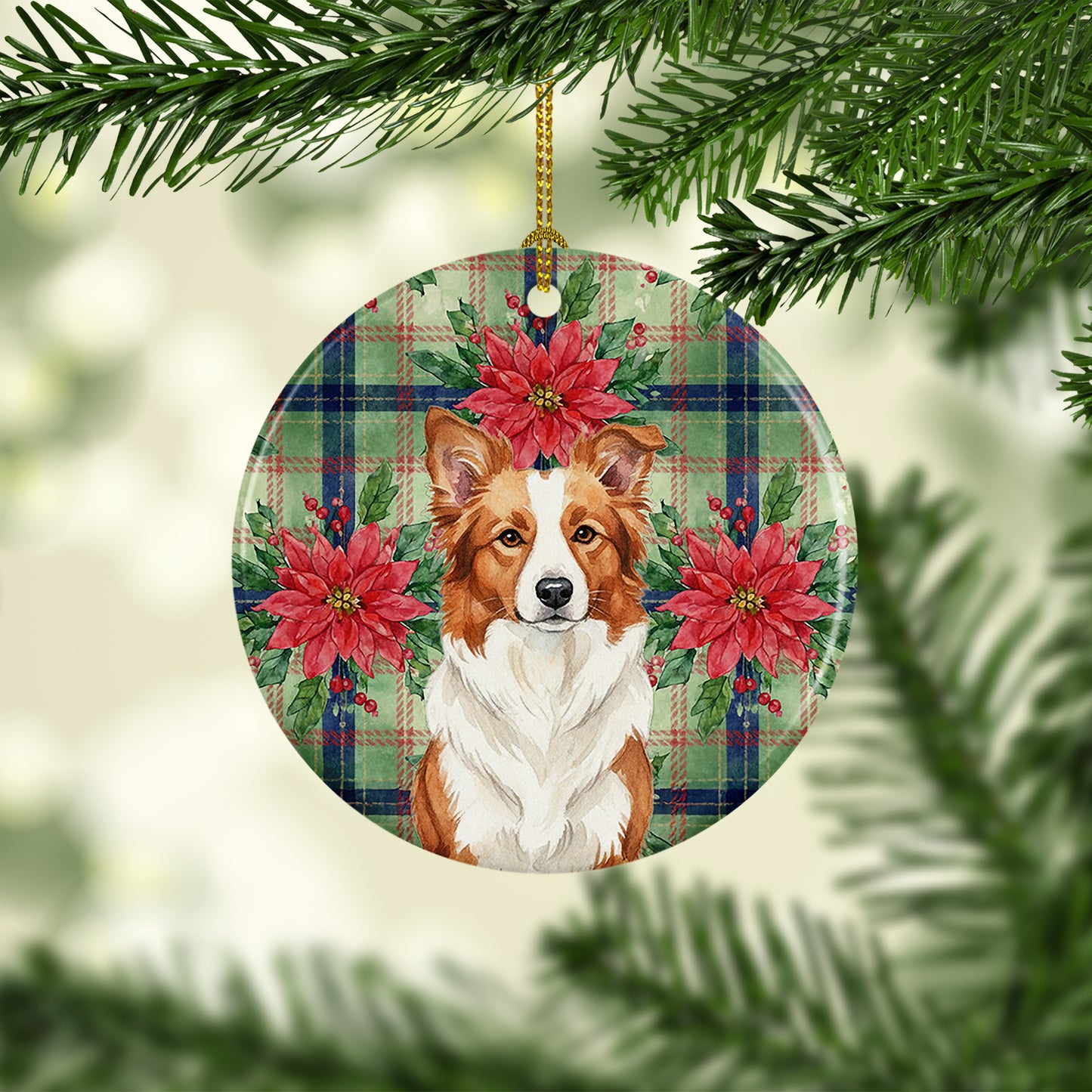 Red and White Border Collie Christmas PoinsettIas Ceramic Ornament