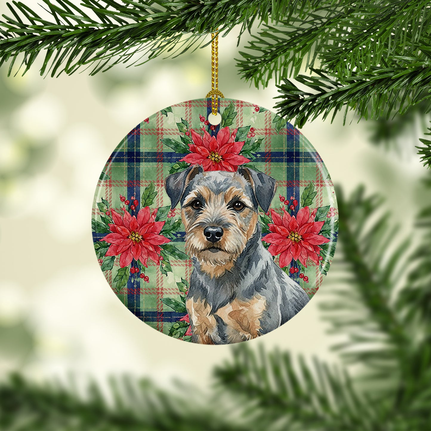 Blue and Tan Border Terrier Christmas PoinsettIas Ceramic Ornament