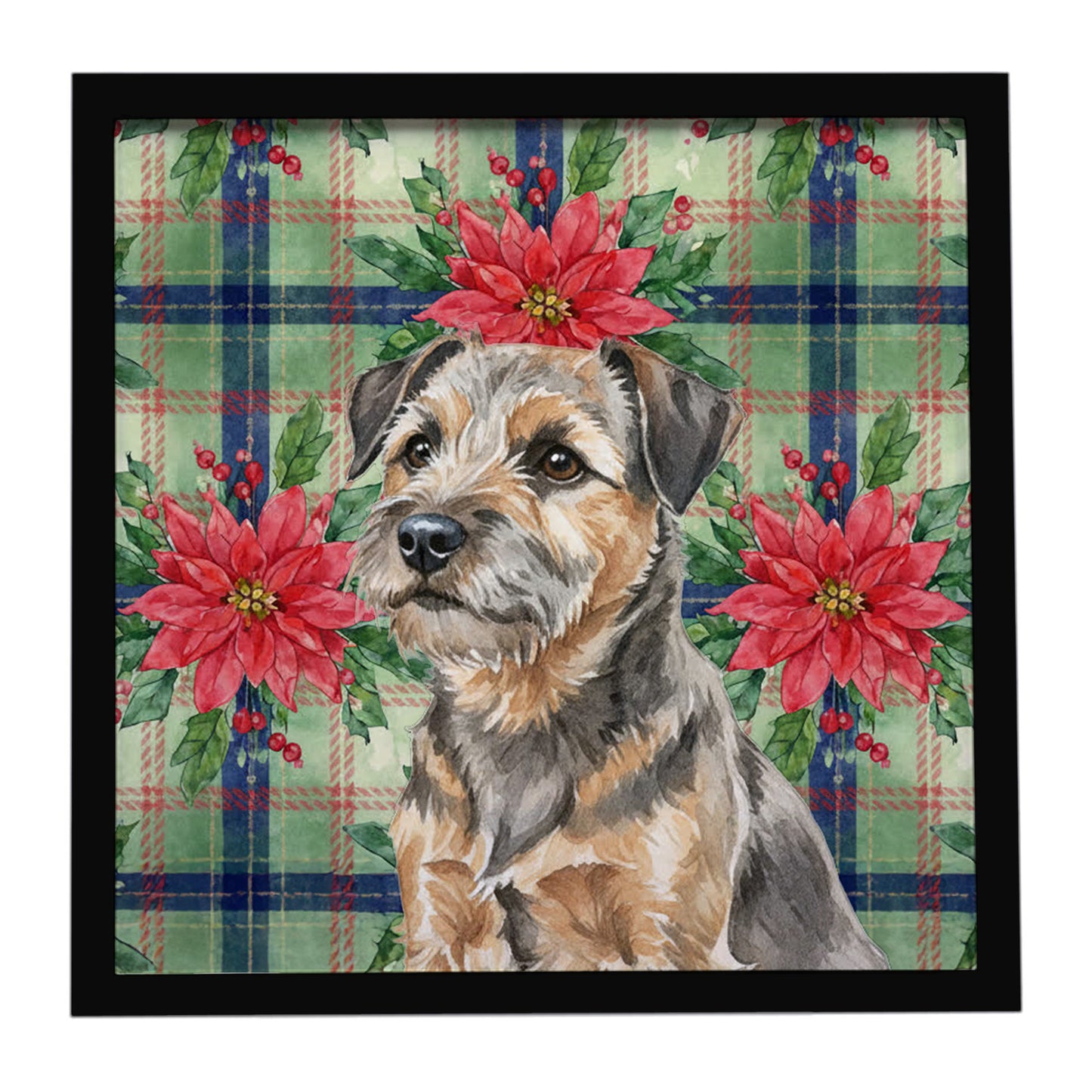 Buy this Grizzle and Tan Border Terrier Christmas PoinsettIas Framed Metal Print