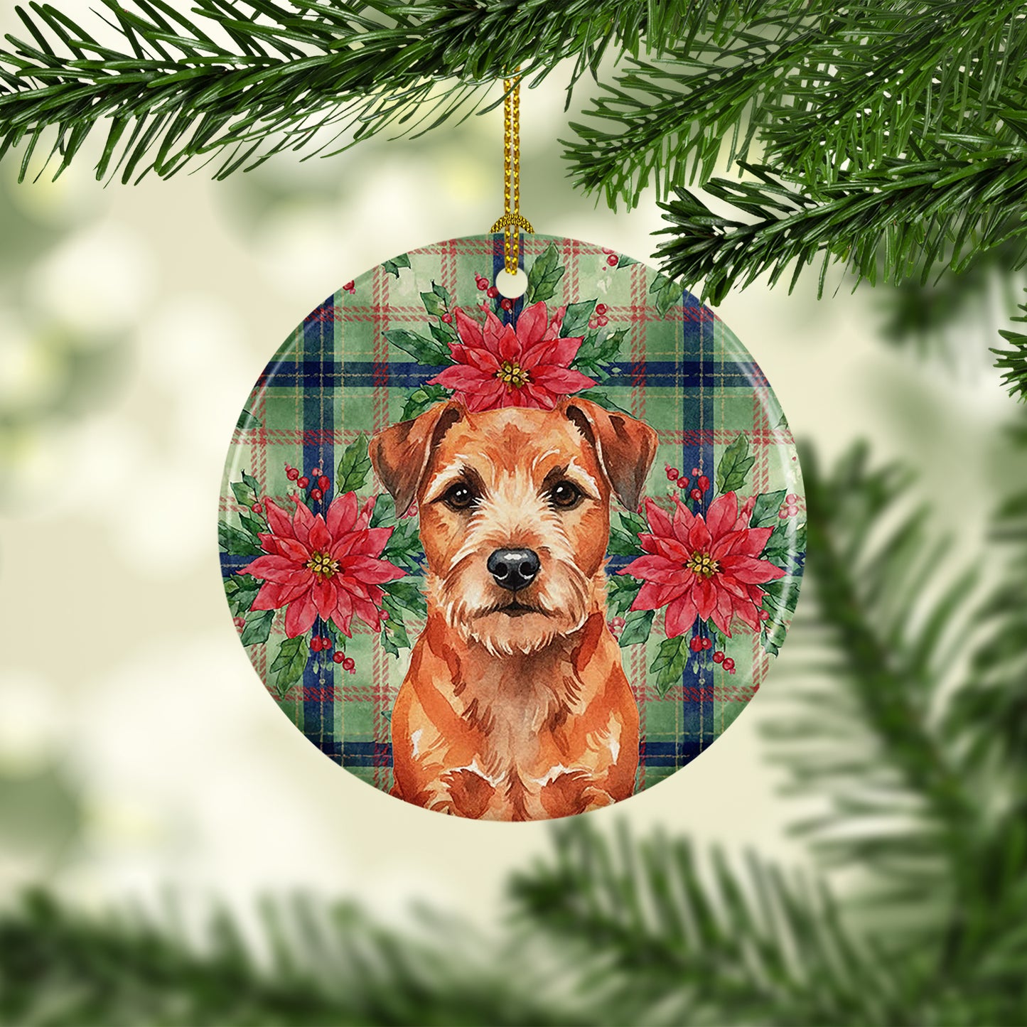 Red Border Terrier Christmas PoinsettIas Ceramic Ornament