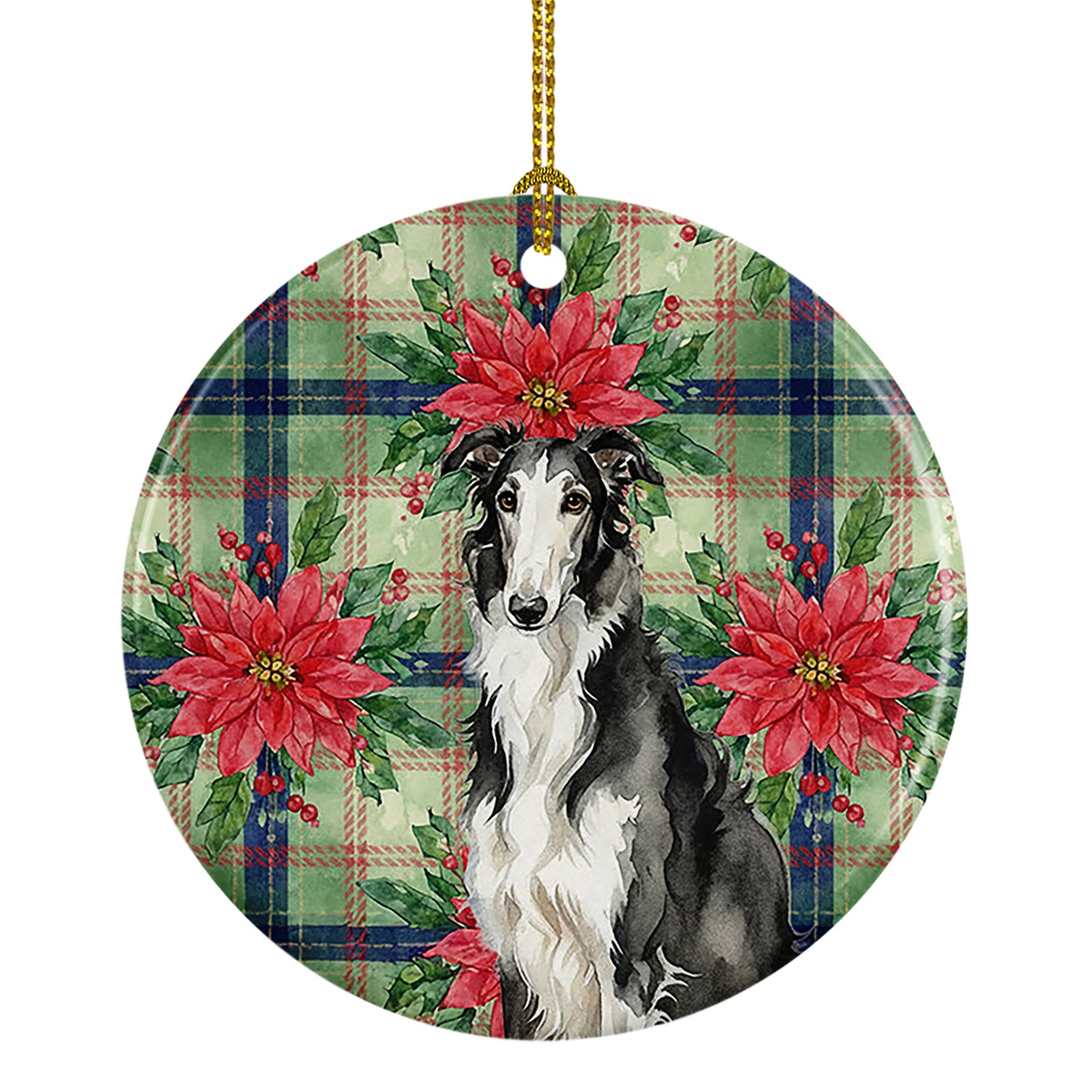 Buy this Black and White Borzoi Christmas PoinsettIas Ceramic Ornament