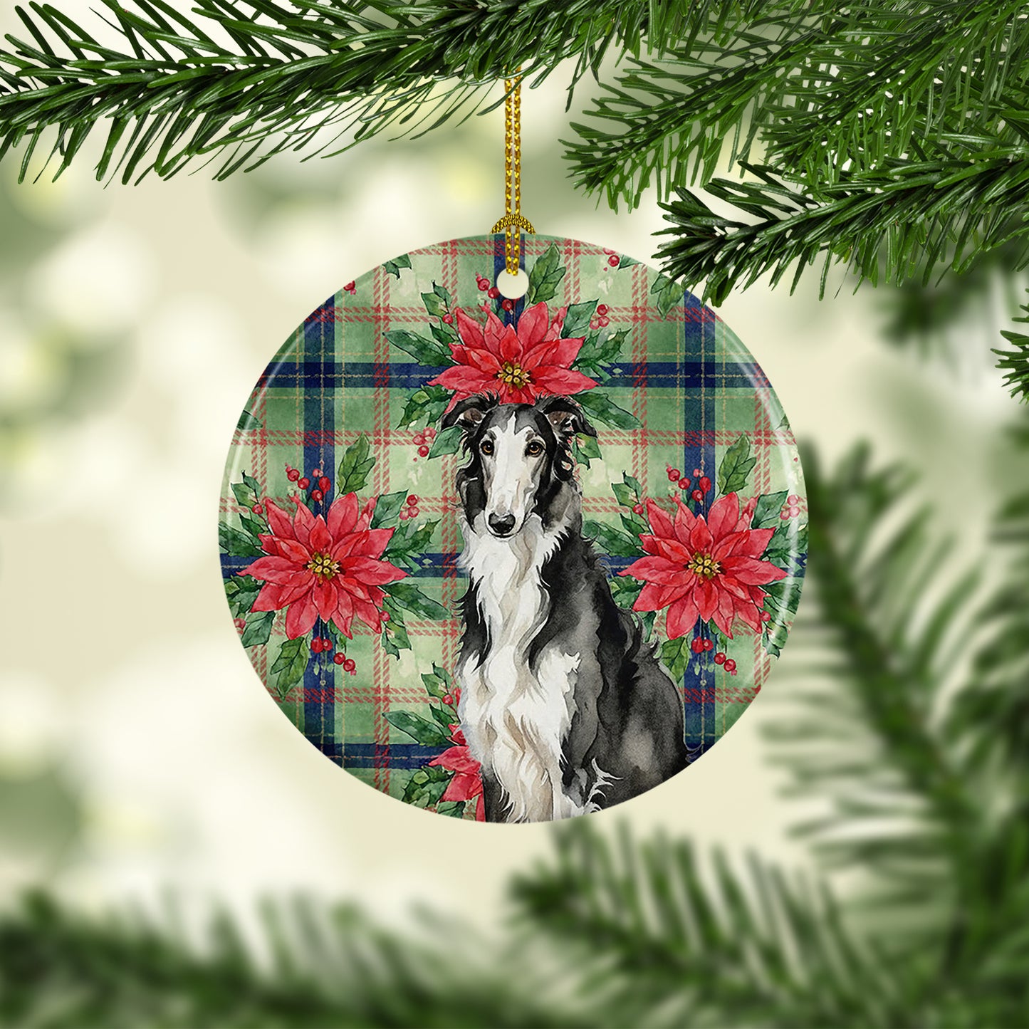 Black and White Borzoi Christmas PoinsettIas Ceramic Ornament