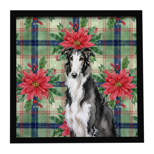 Buy this Black and White Borzoi Christmas PoinsettIas Framed Metal Print