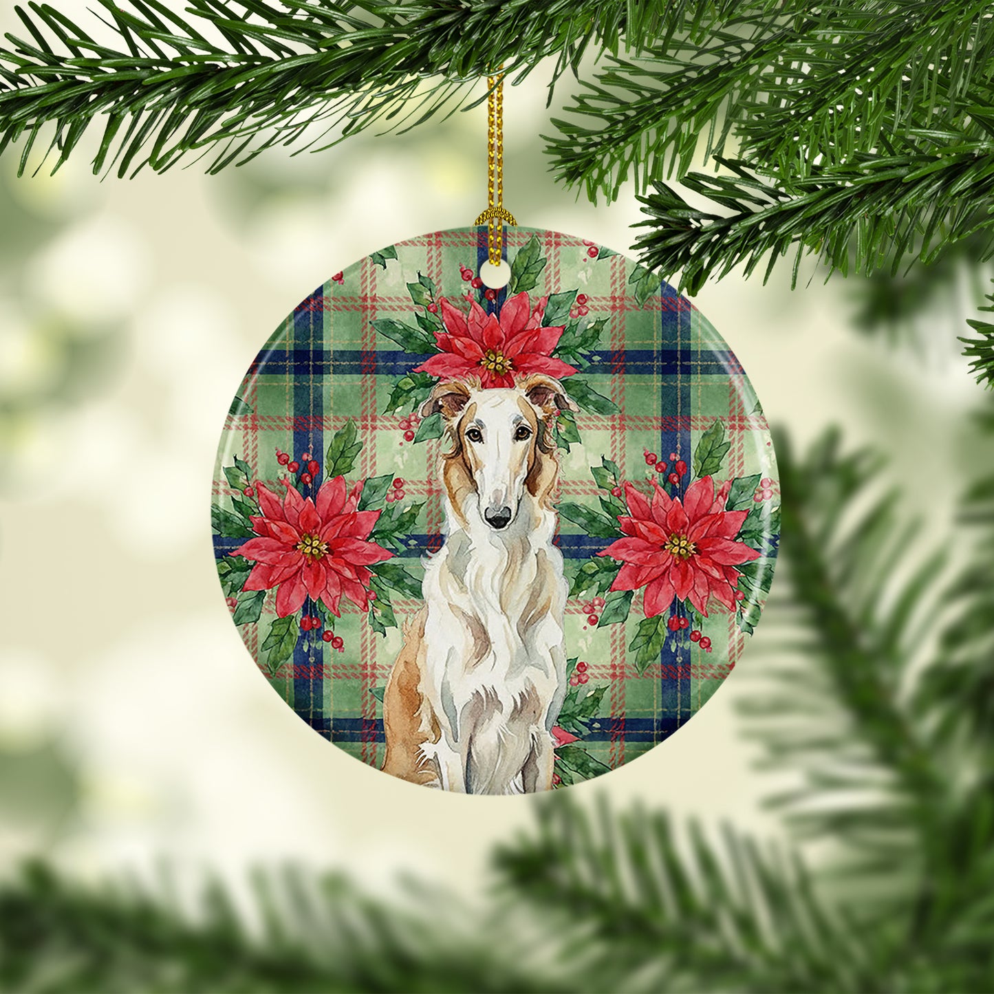 Borzoi Christmas PoinsettIas Ceramic Ornament